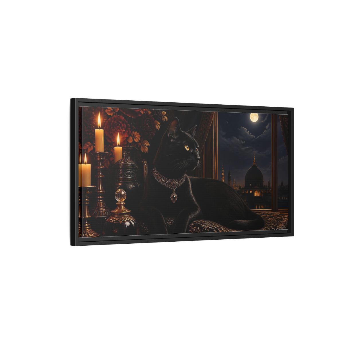 Side Mockup 2. Animals Black Cat Black And Gold shown as stretched canvas wall art