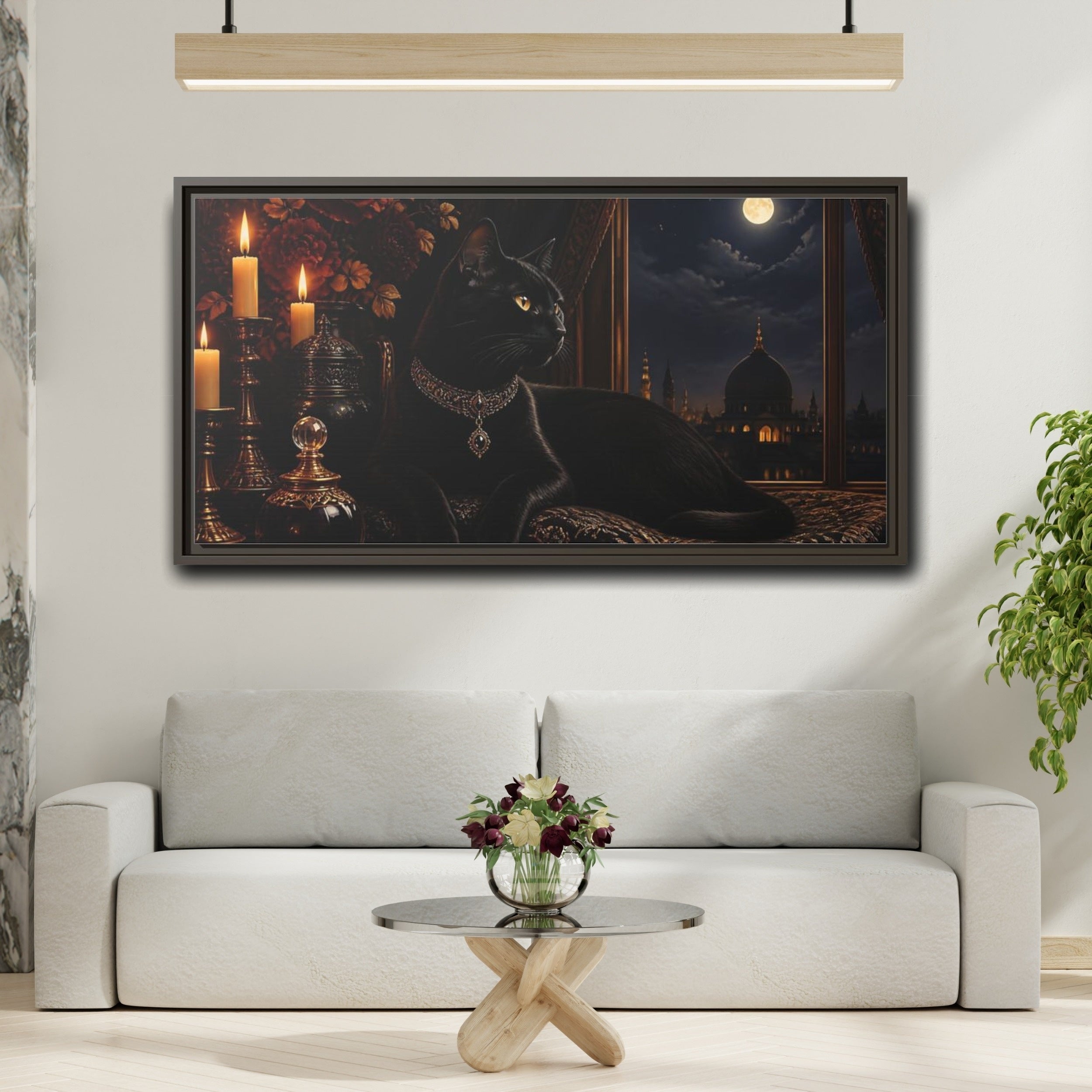 Mockup 2. Animals Black Cat Black And Gold shown as stretched canvas wall art