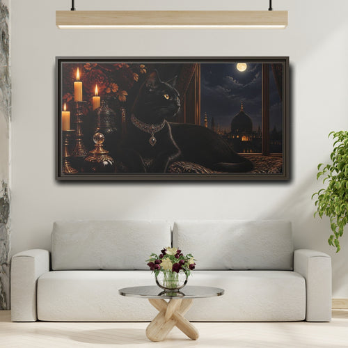 Mockup 2. Animals Black Cat Black And Gold shown as stretched canvas wall art