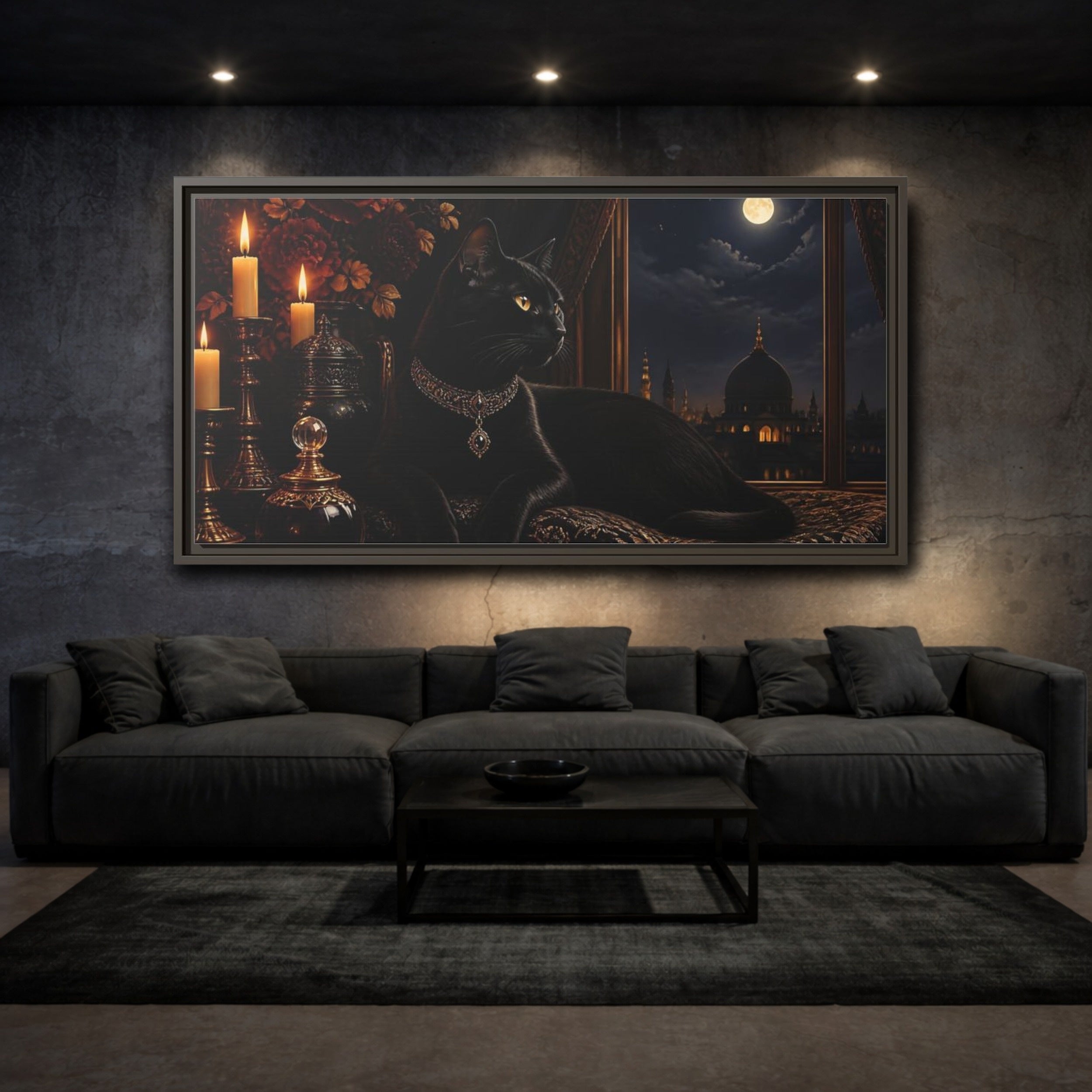 Mockup 3. Animals Black Cat Black And Gold shown as stretched canvas wall art