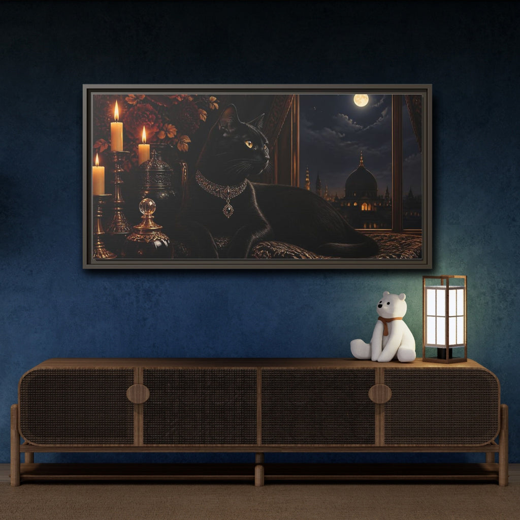 Mockup 4. Animals Black Cat Black And Gold shown as stretched canvas wall art