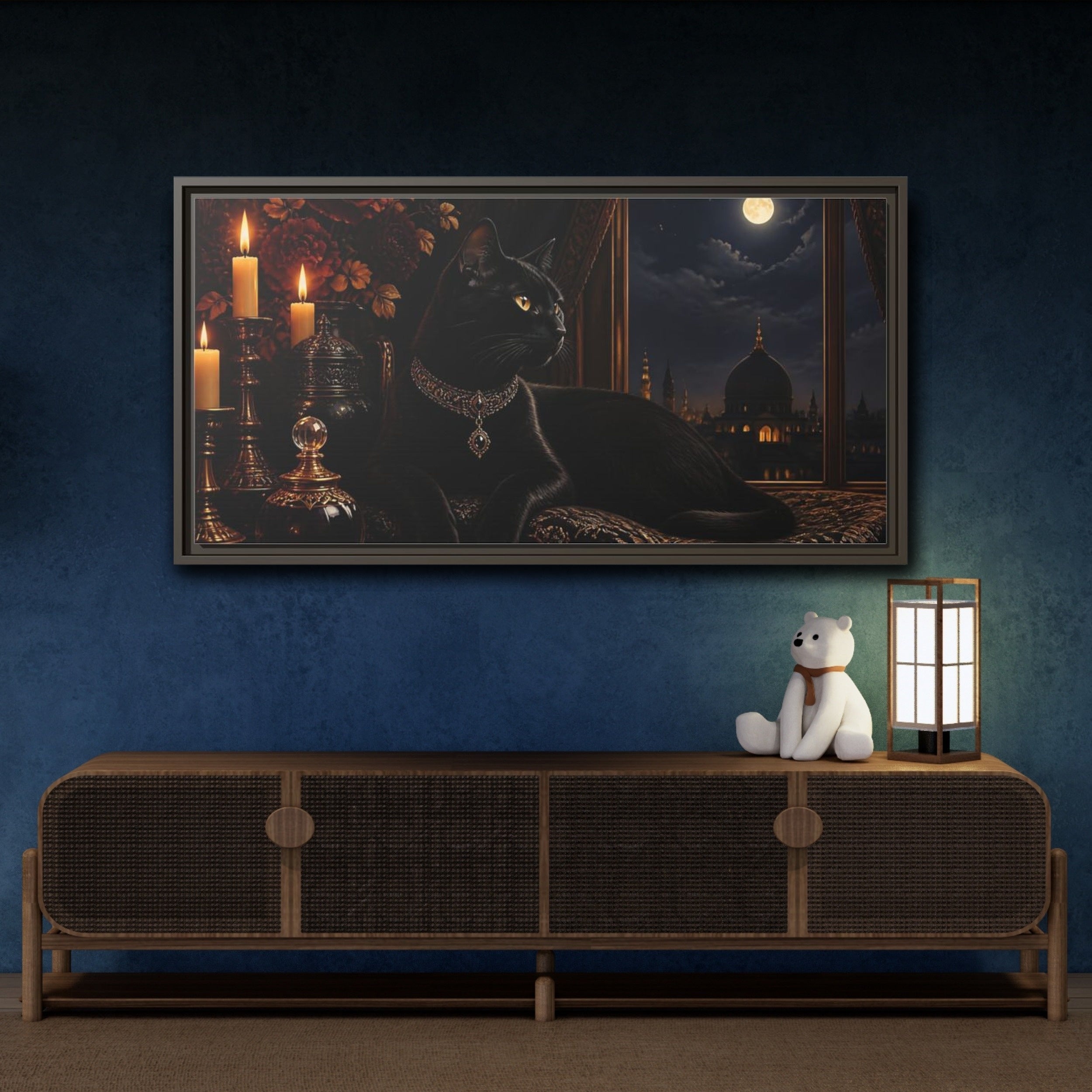 Mockup 4. Animals Black Cat Black And Gold shown as stretched canvas wall art
