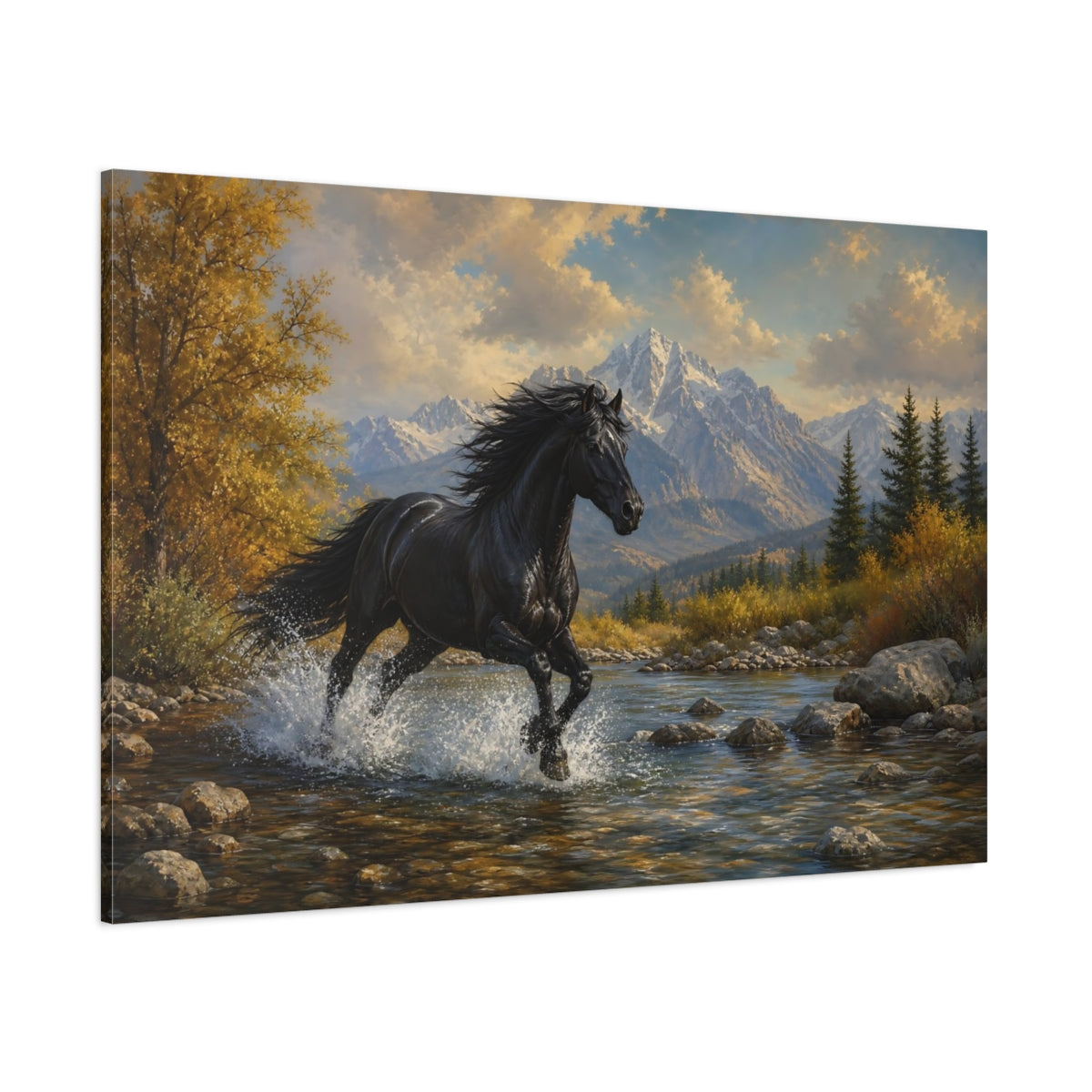Side Mockup 1. Animals Black Horse Black And Gold shown as stretched canvas wall art