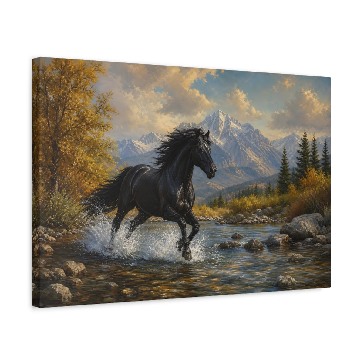 Side Mockup 3. Animals Black Horse Black And Gold shown as stretched canvas wall art