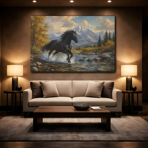 Mockup 2. Animals Black Horse Black And Gold shown as stretched canvas wall art