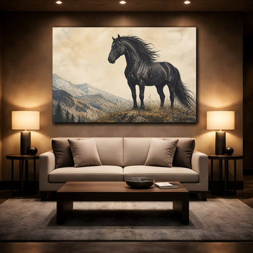Mockup 2. Animals Black Horse Black Horse Landscape shown as canvas print