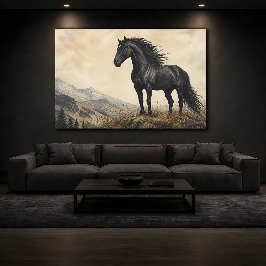 Mockup 3. Animals Black Horse Black Horse Landscape shown as canvas print