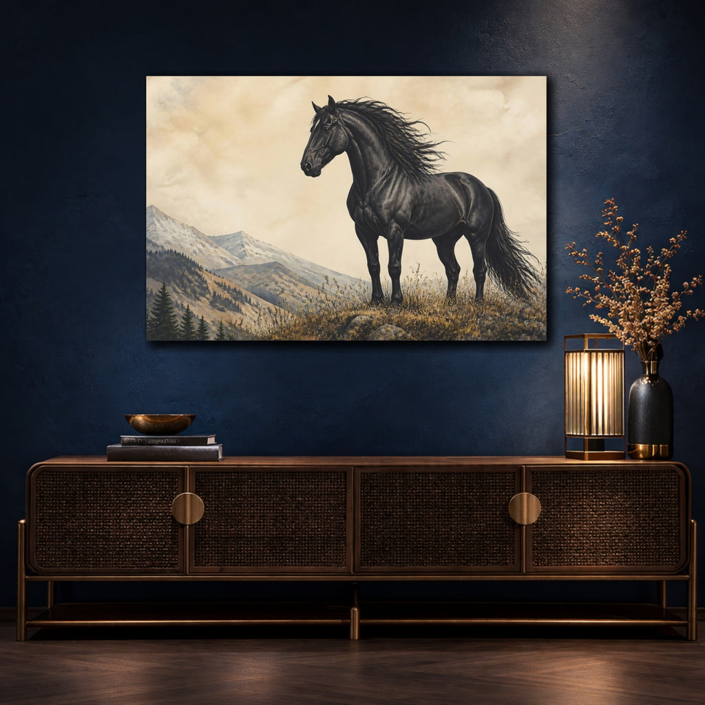 Mockup 4. Animals Black Horse Black Horse Landscape shown as canvas print