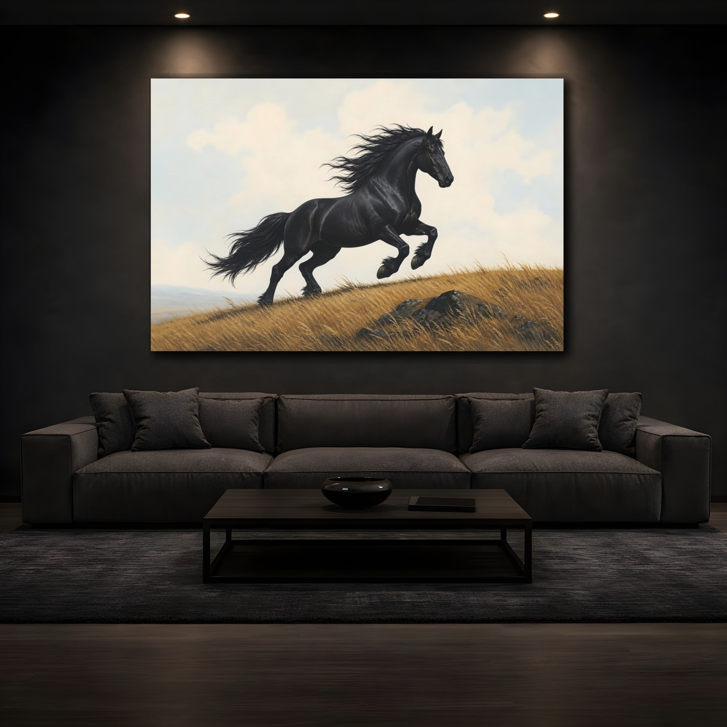 Mockup 3. Animals Black Horse Black Horse Running shown as stretched canvas wall art
