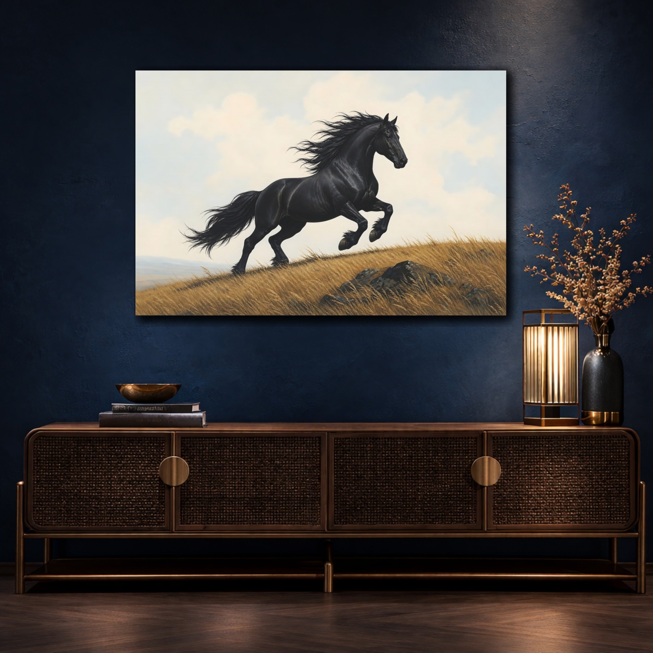 Mockup 4. Animals Black Horse Black Horse Running shown as stretched canvas wall art