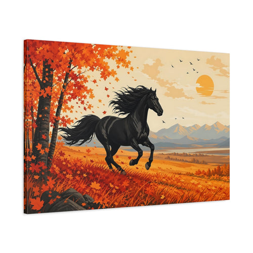 Main Mockup. Animals Black Horse Black Orange Landscape shown as canvas print