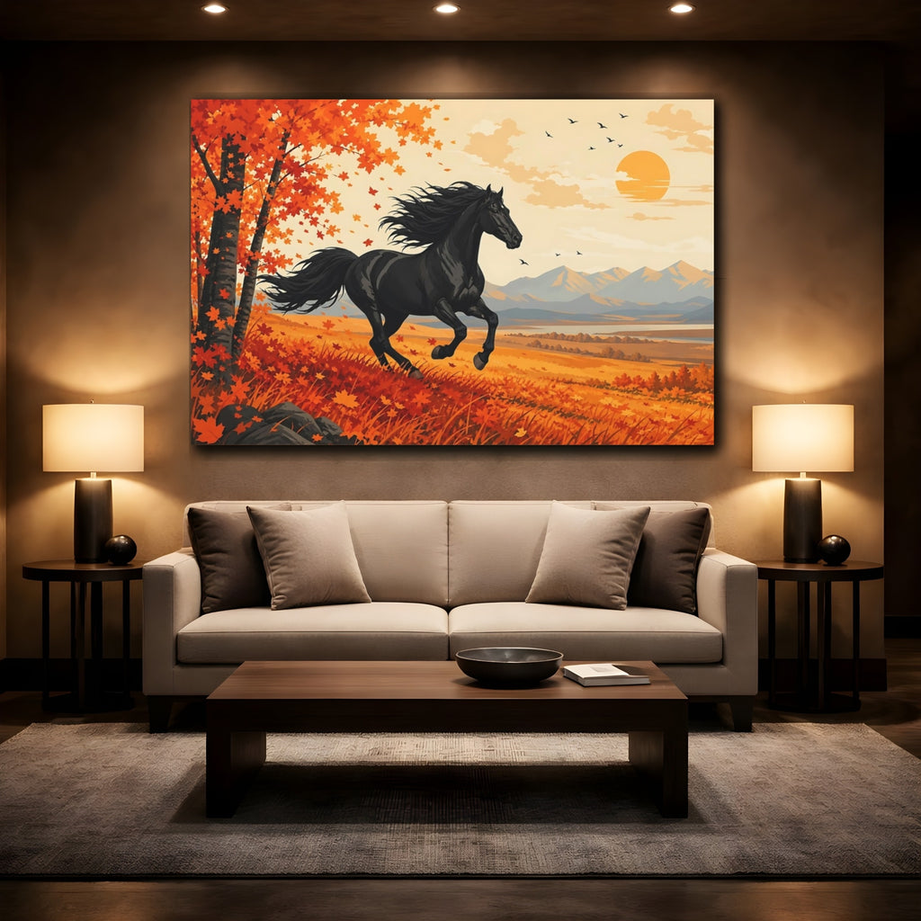 Mockup 2. Animals Black Horse Black Orange Landscape shown as canvas print