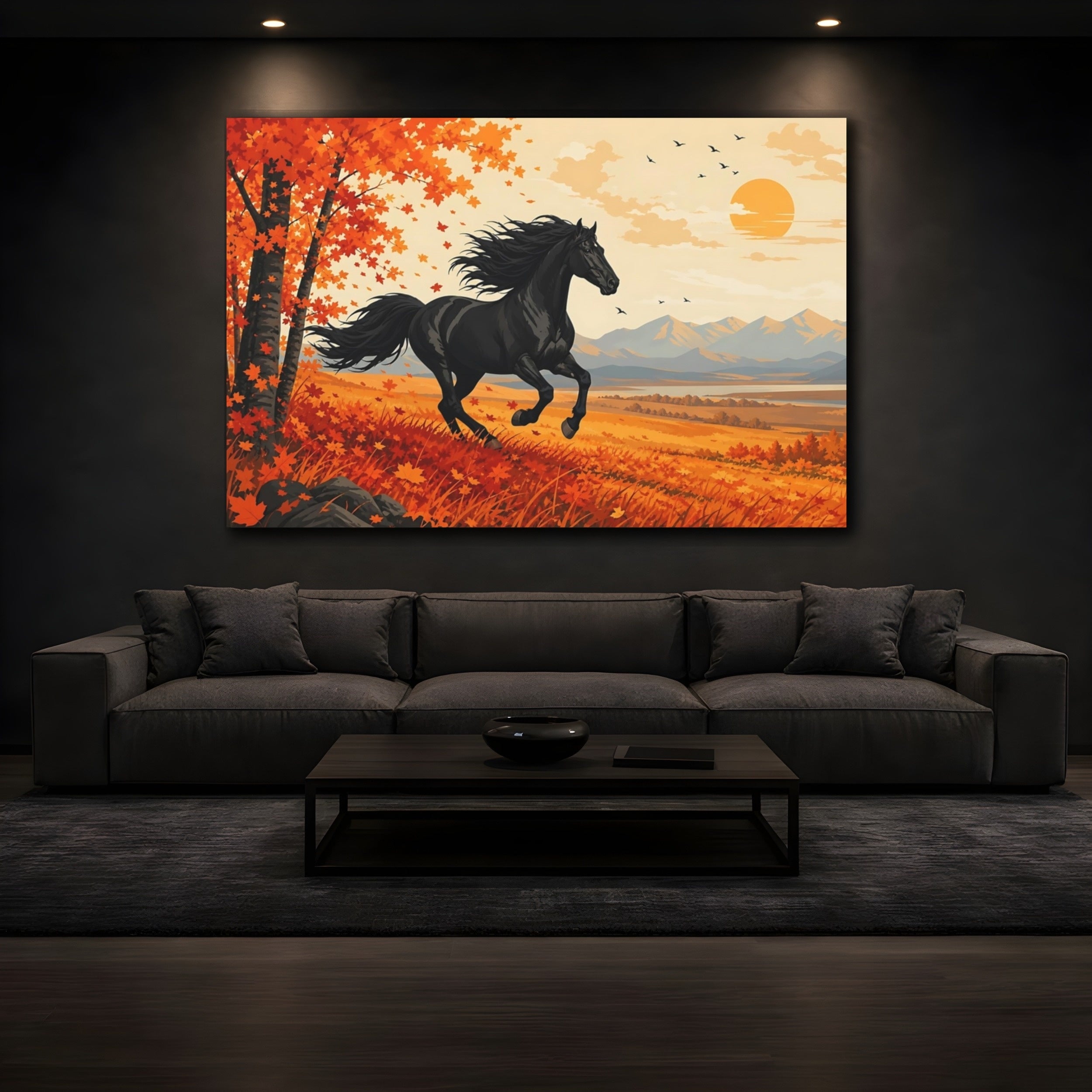 Mockup 3. Animals Black Horse Black Orange Landscape shown as canvas print