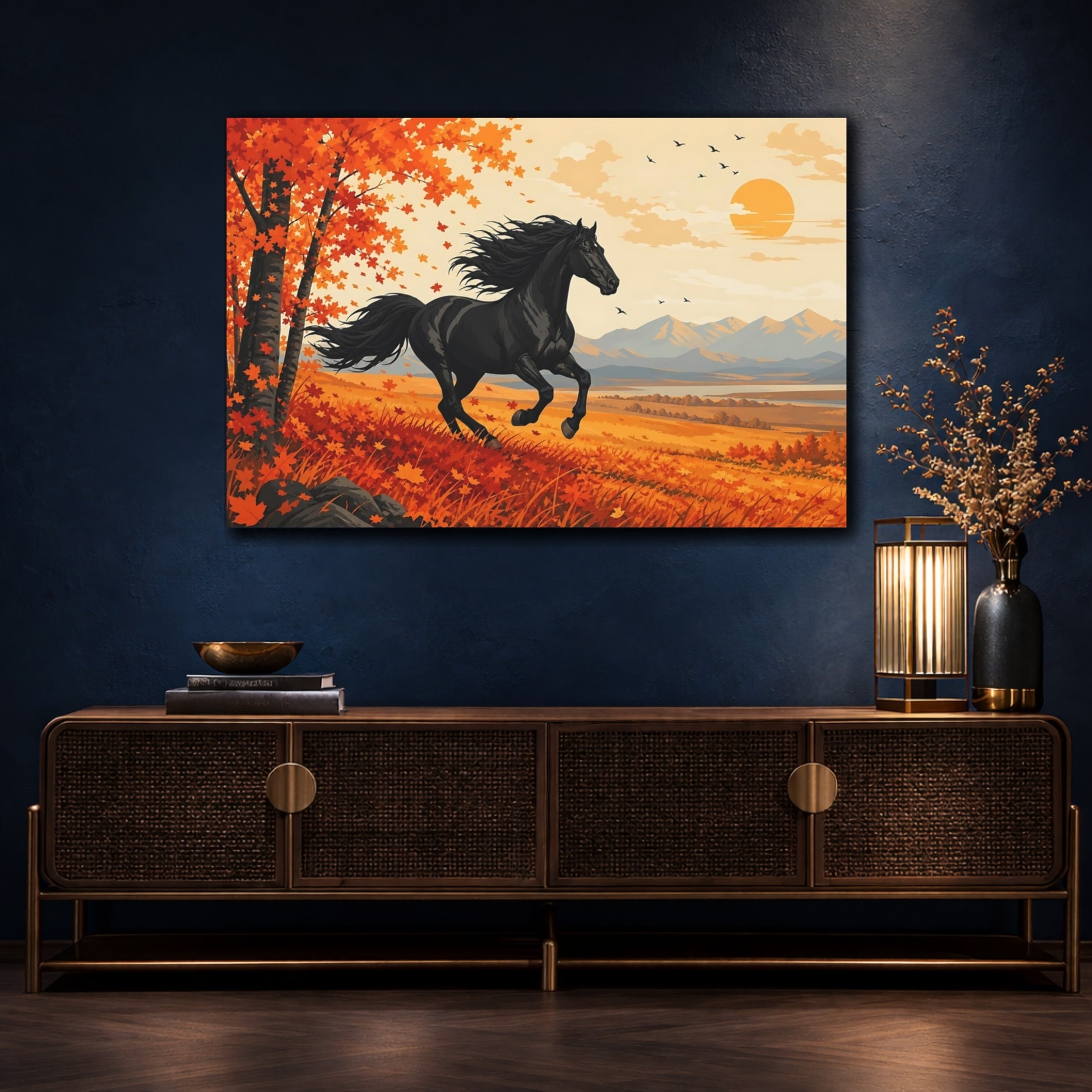 Mockup 4. Animals Black Horse Black Orange Landscape shown as canvas print