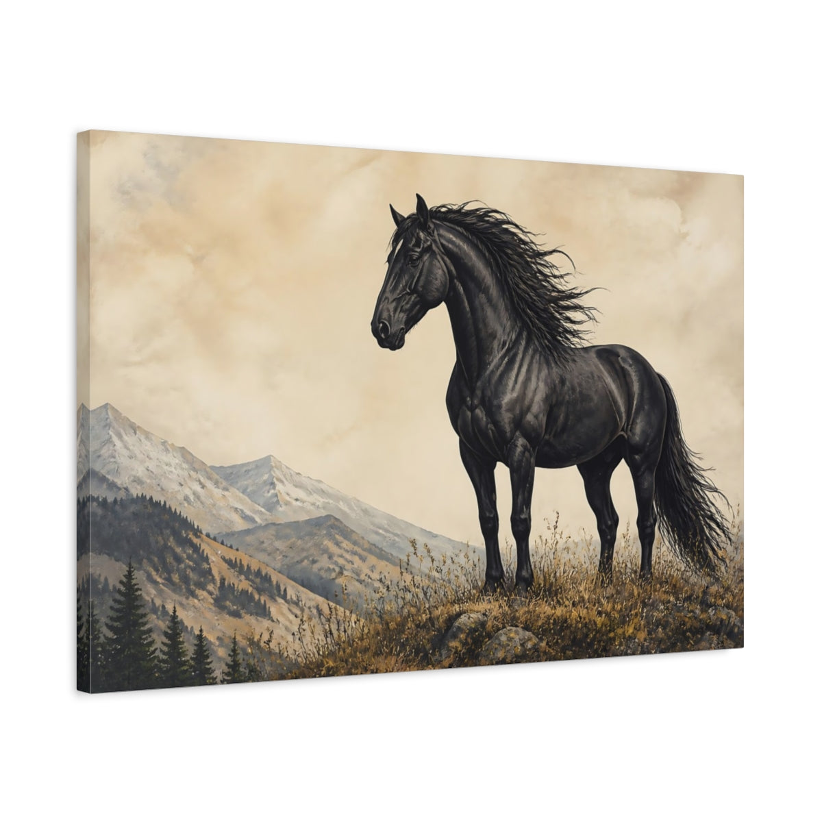 Side Mockup 2. Animals Black Horse Black Horse Landscape shown as canvas print