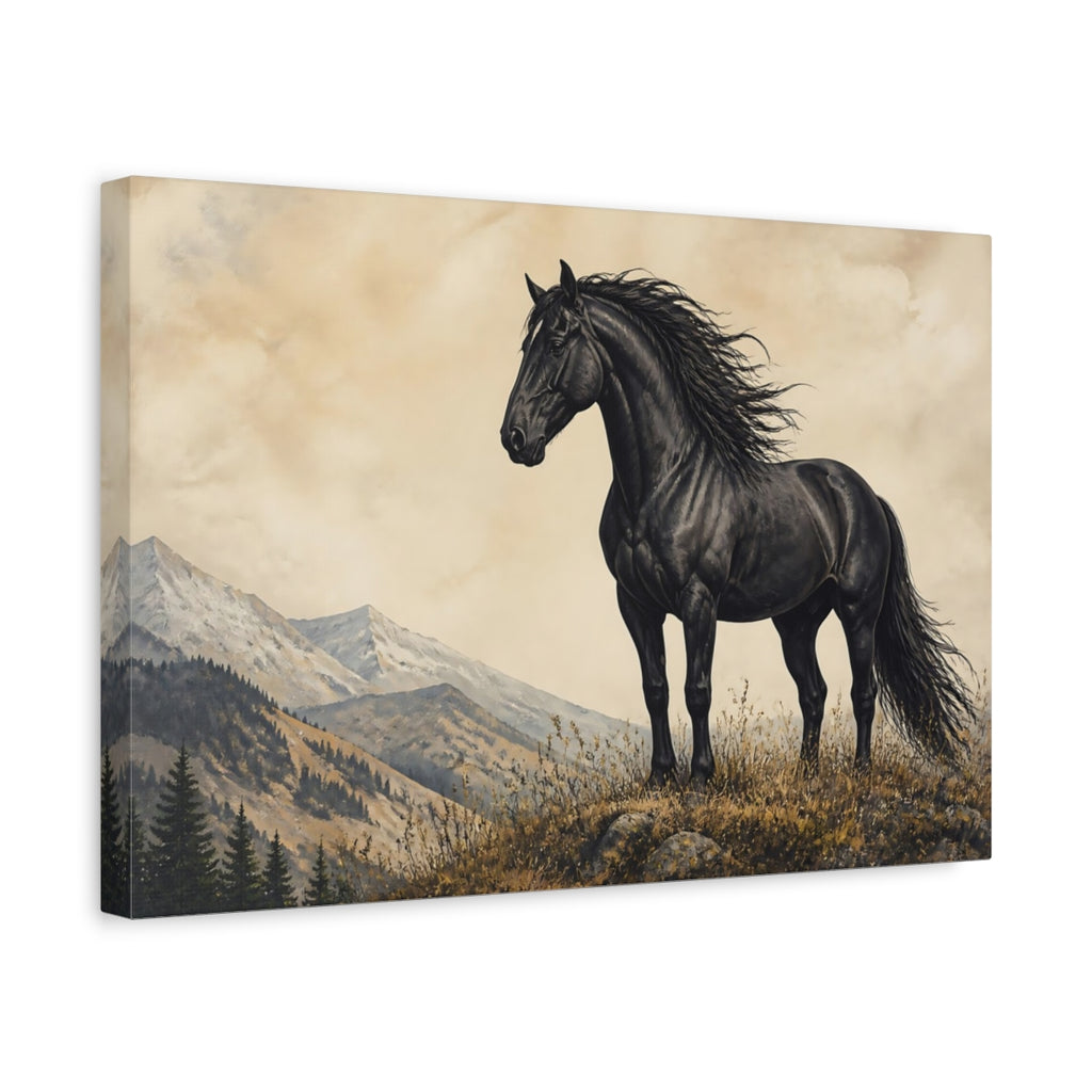 Side Mockup 4. Animals Black Horse Black Horse Landscape shown as canvas print