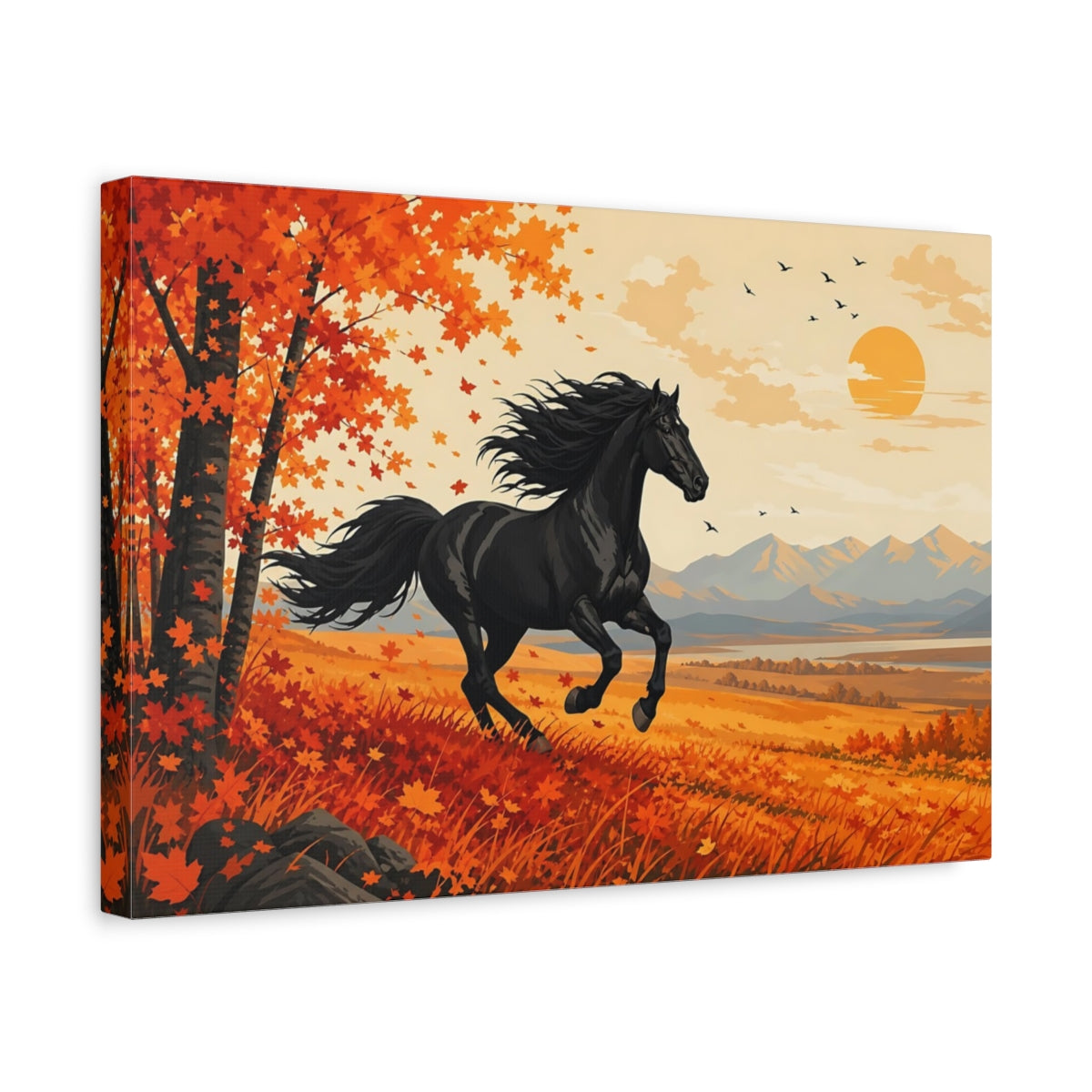 Side Mockup 4. Animals Black Horse Black Orange Landscape shown as canvas print