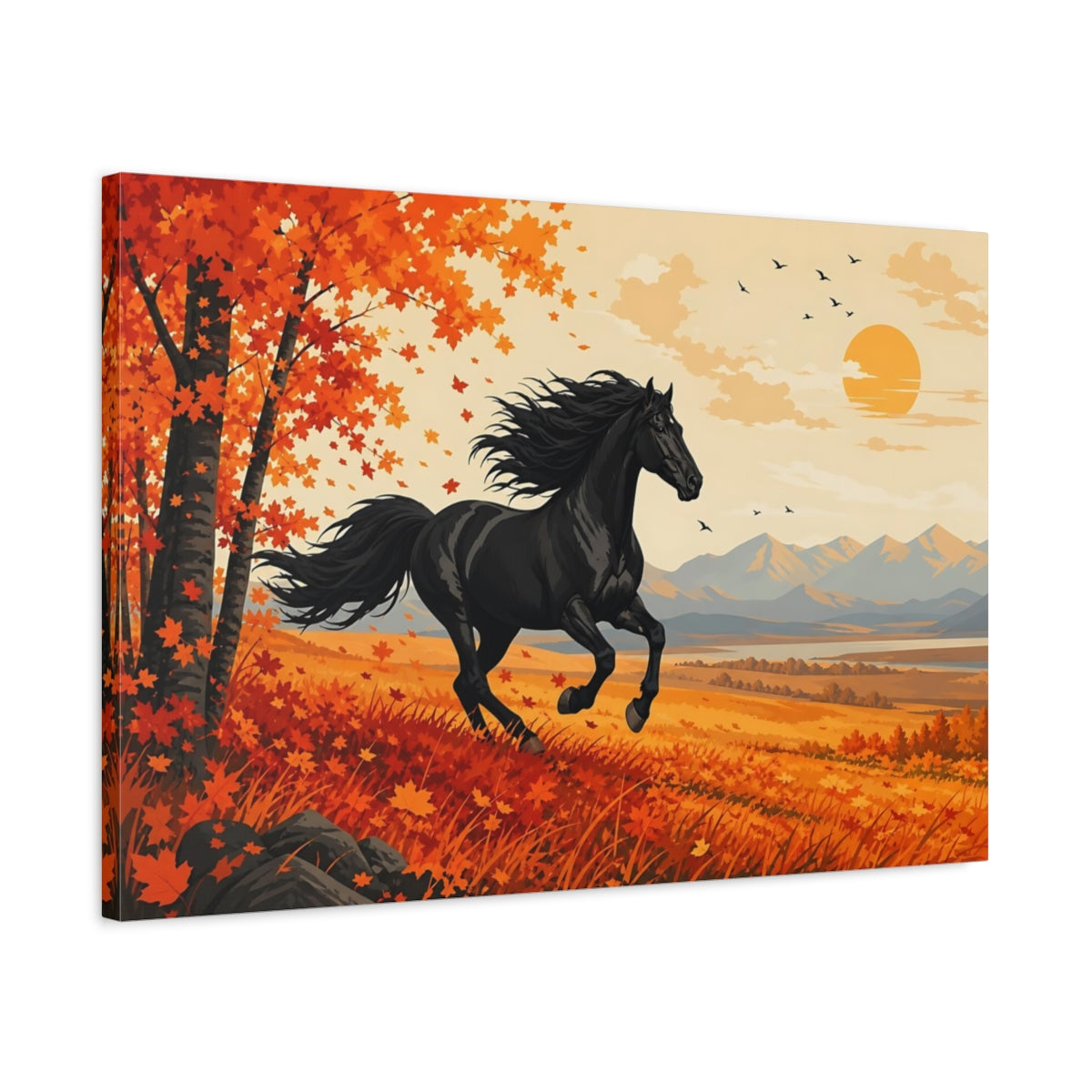 Side Mockup 2. Animals Black Horse Black Orange Landscape shown as canvas print