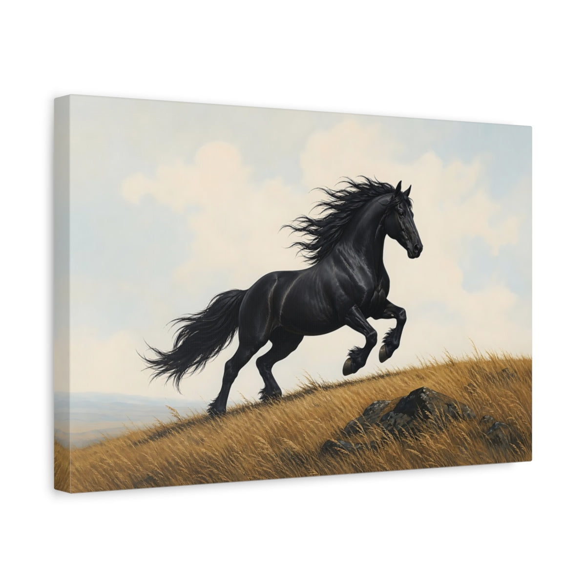 Side Mockup 4. Animals Black Horse Black Horse Running shown as stretched canvas wall art
