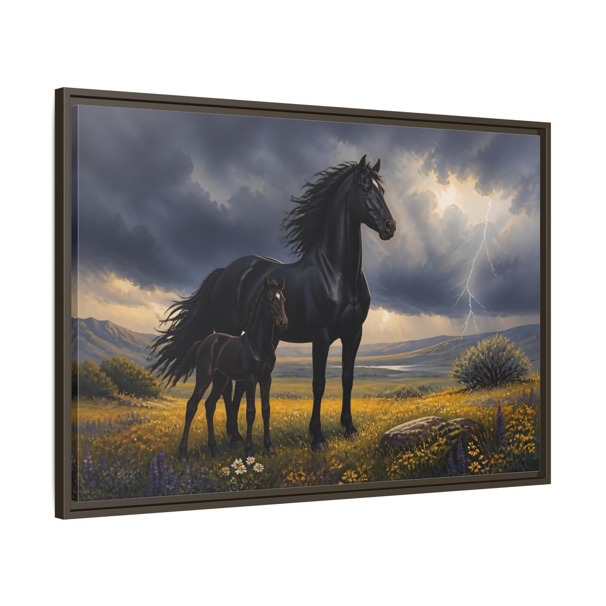 Main Mockup. Animals Black Horses Black Horses Storm shown as stretched canvas wall art