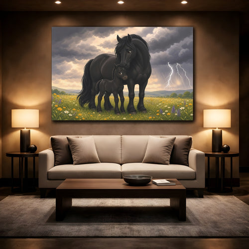 Mockup 2. Animals Black Horses Black Horses Storm shown as stretched canvas wall art