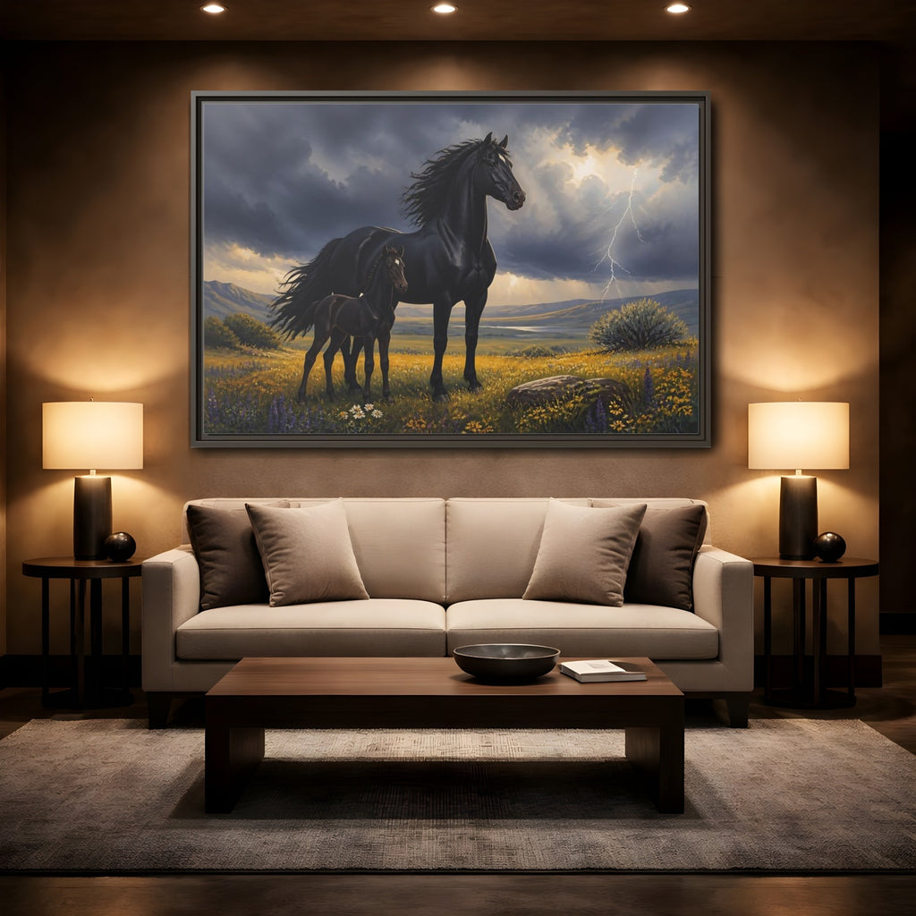 Mockup 2. Animals Black Horses Black Horses Storm shown as stretched canvas wall art
