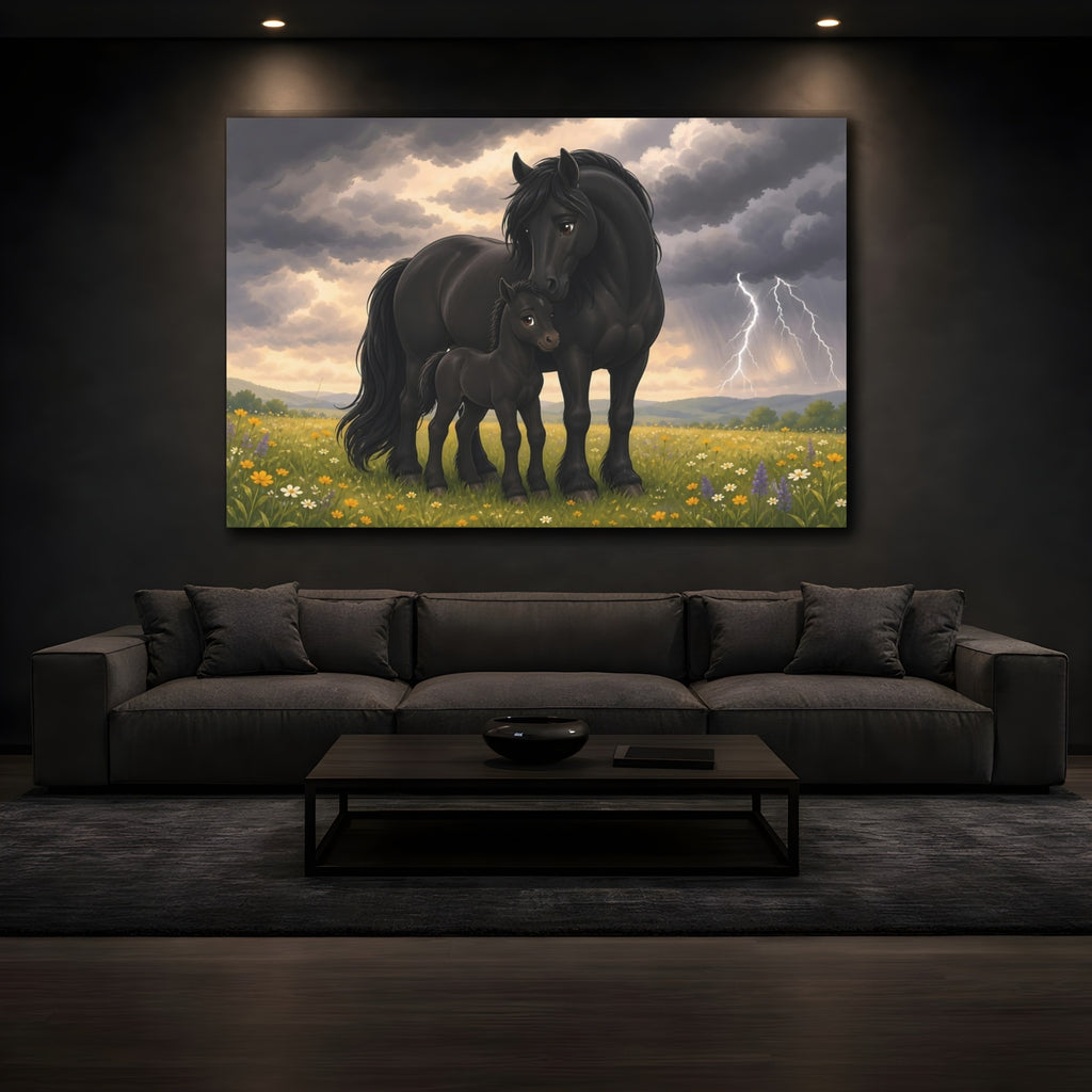 Mockup 3. Animals Black Horses Black Horses Storm shown as stretched canvas wall art