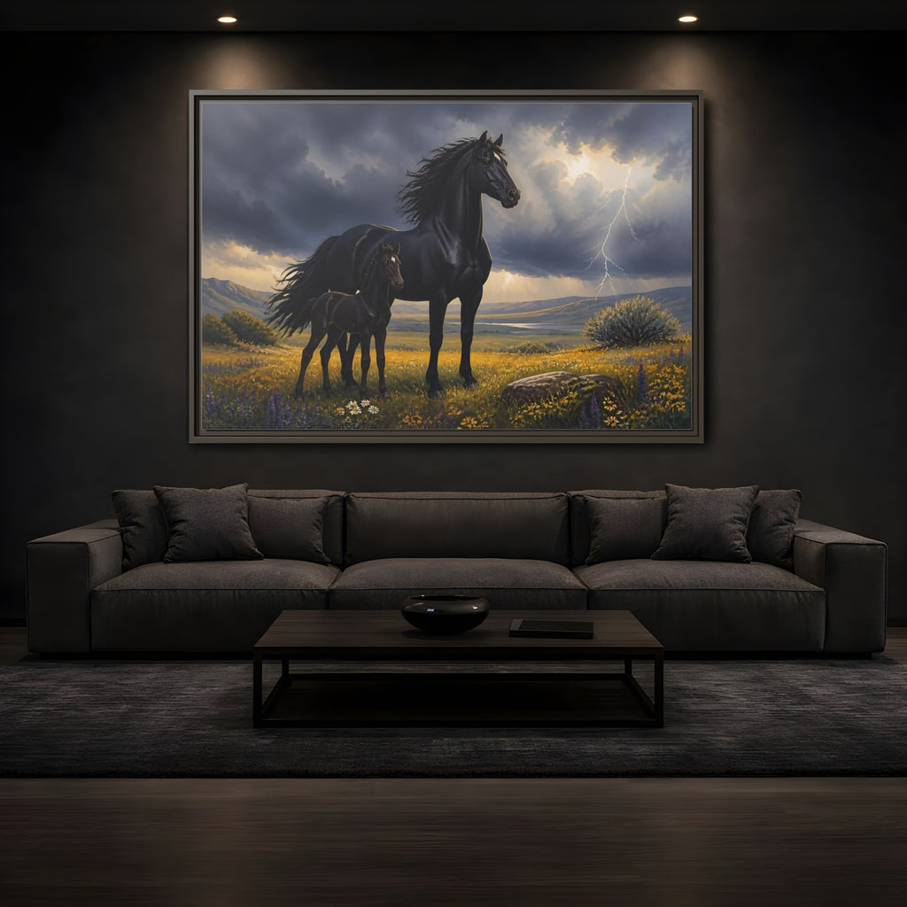 Mockup 3. Animals Black Horses Black Horses Storm shown as stretched canvas wall art