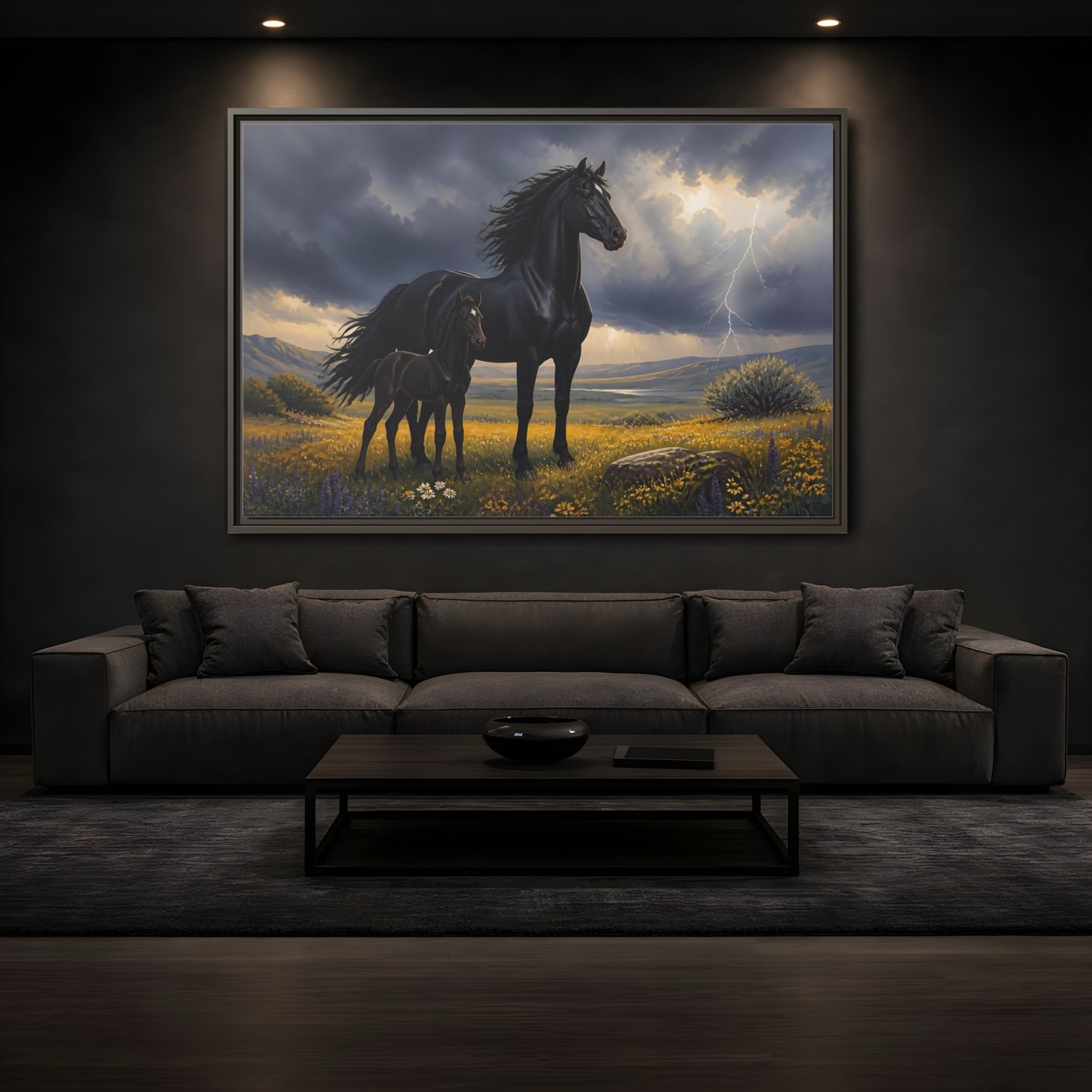Mockup 3. Animals Black Horses Black Horses Storm shown as stretched canvas wall art