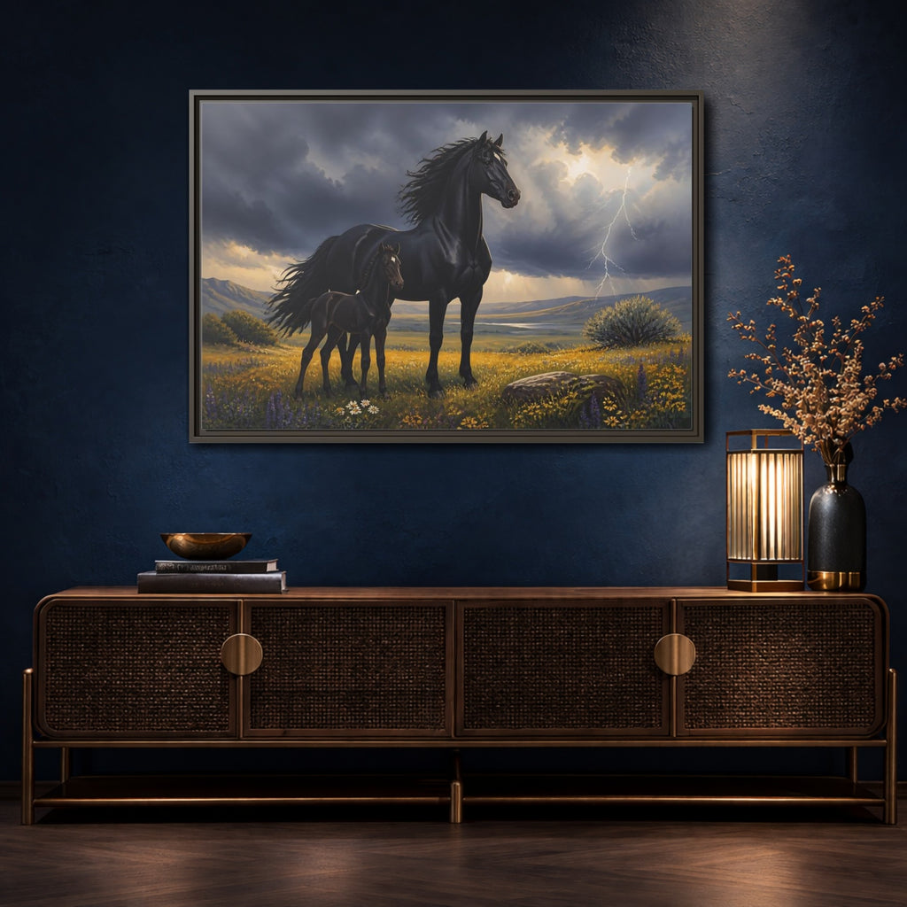 Mockup 4. Animals Black Horses Black Horses Storm shown as stretched canvas wall art