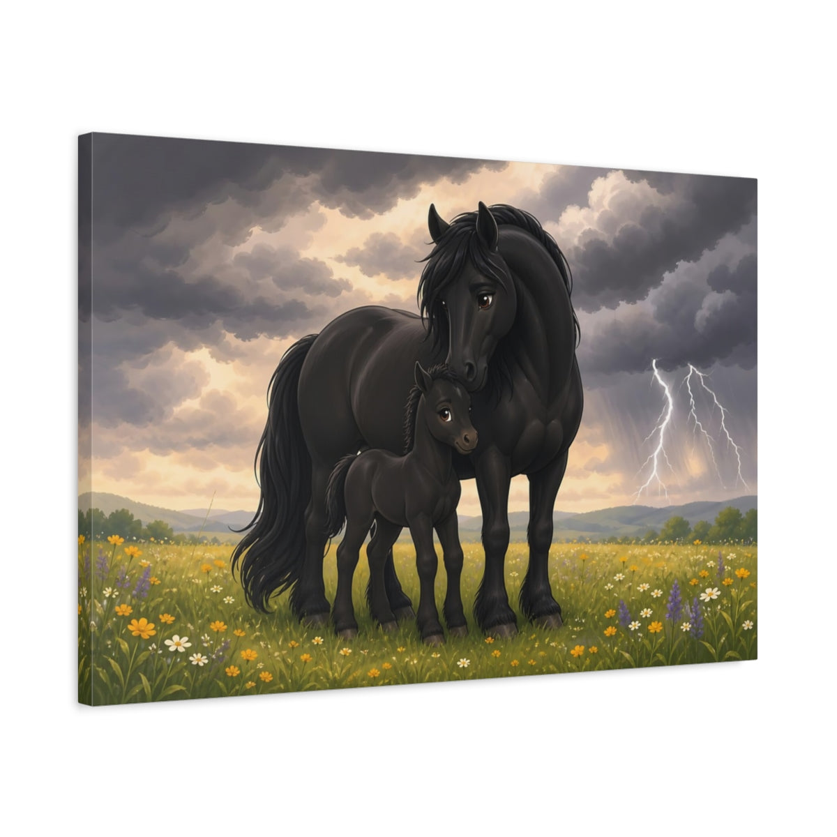 Side Mockup 2. Animals Black Horses Black Horses Storm shown as stretched canvas wall art