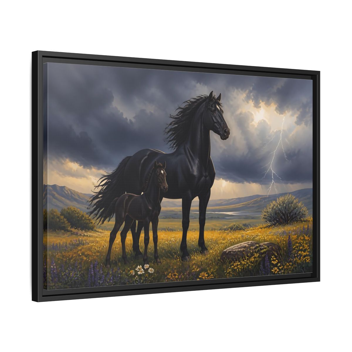 Side Mockup 14. Animals Black Horses Black Horses Storm shown as stretched canvas wall art