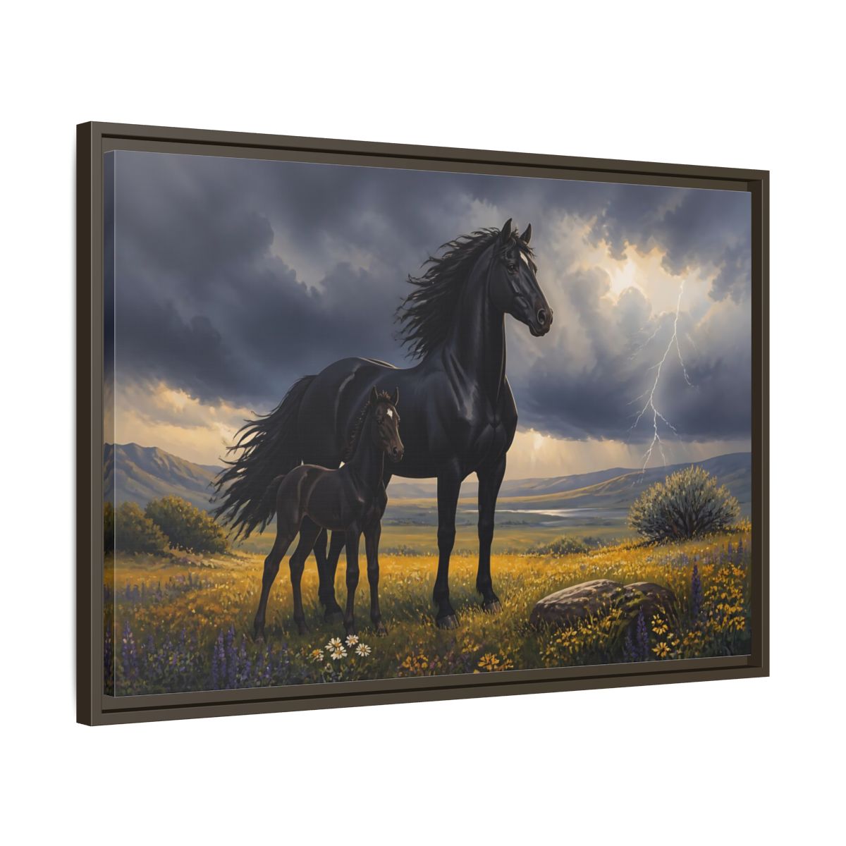 Side Mockup 11. Animals Black Horses Black Horses Storm shown as stretched canvas wall art
