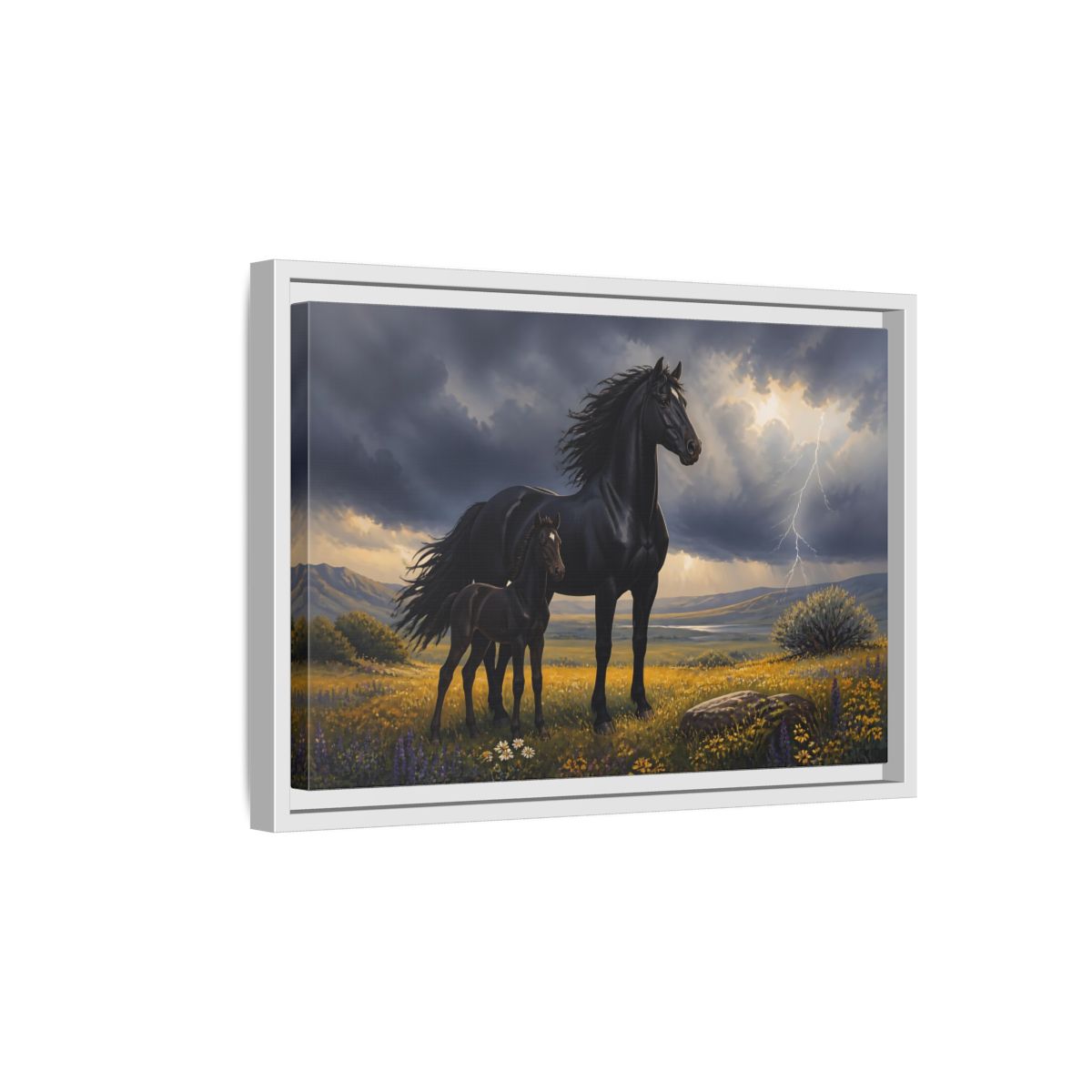 Side Mockup 4. Animals Black Horses Black Horses Storm shown as stretched canvas wall art