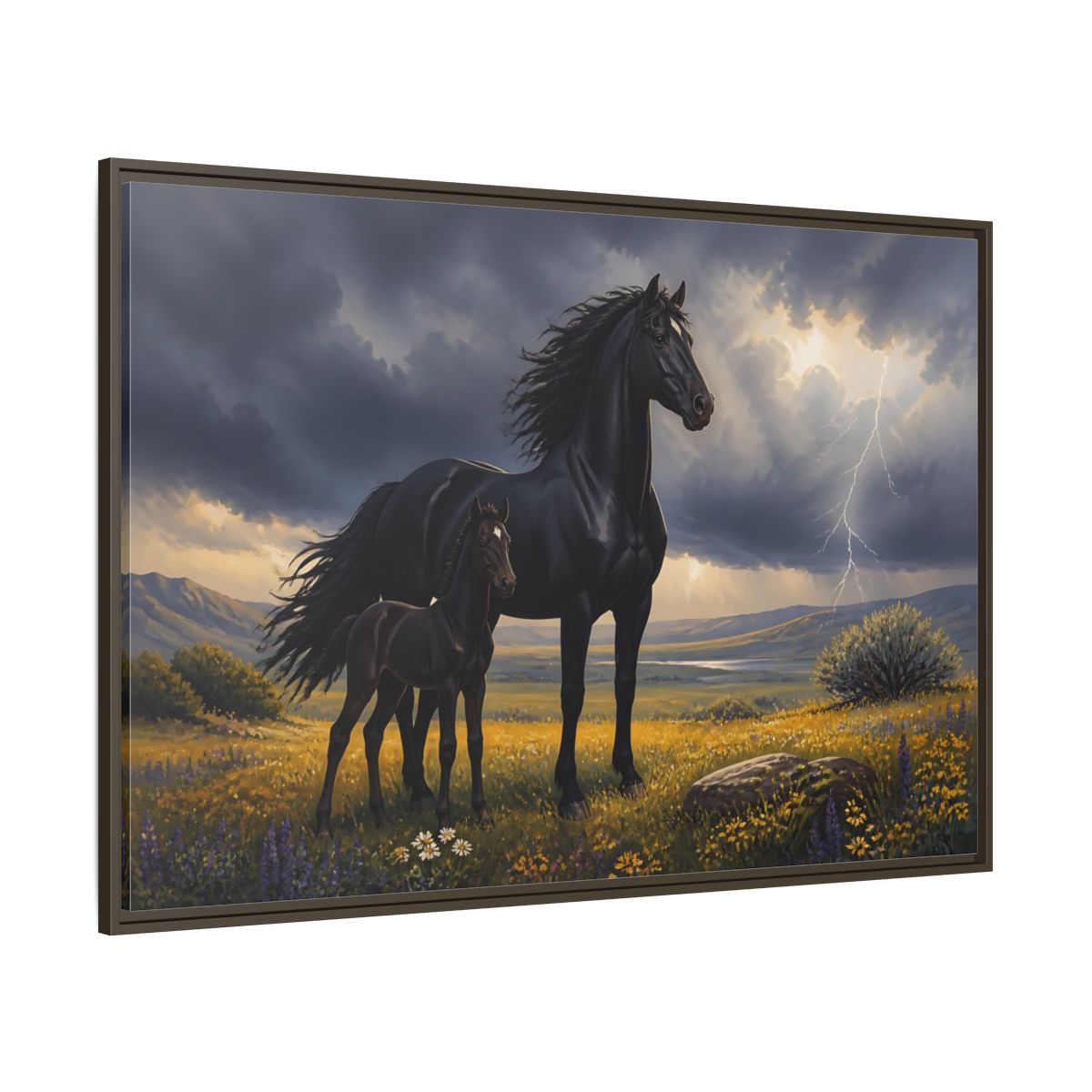 Side Mockup 8. Animals Black Horses Black Horses Storm shown as stretched canvas wall art