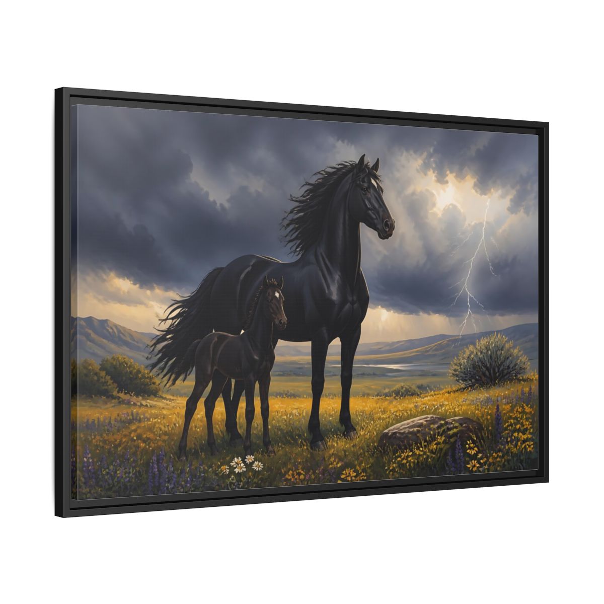 Side Mockup 13. Animals Black Horses Black Horses Storm shown as stretched canvas wall art