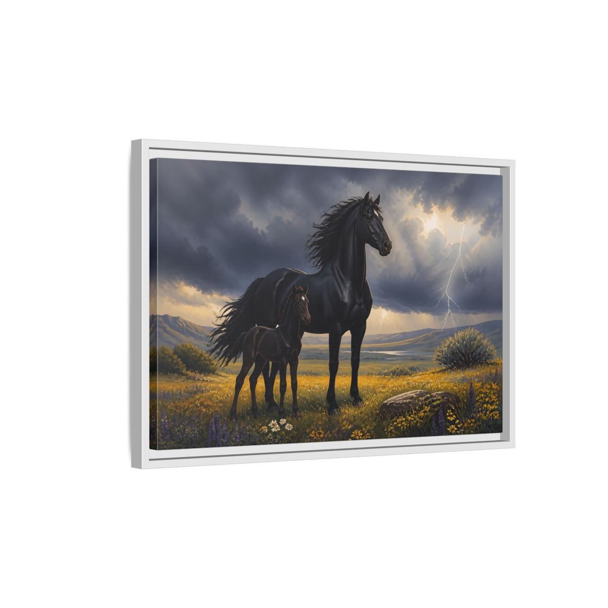 Side Mockup 1. Animals Black Horses Black Horses Storm shown as stretched canvas wall art