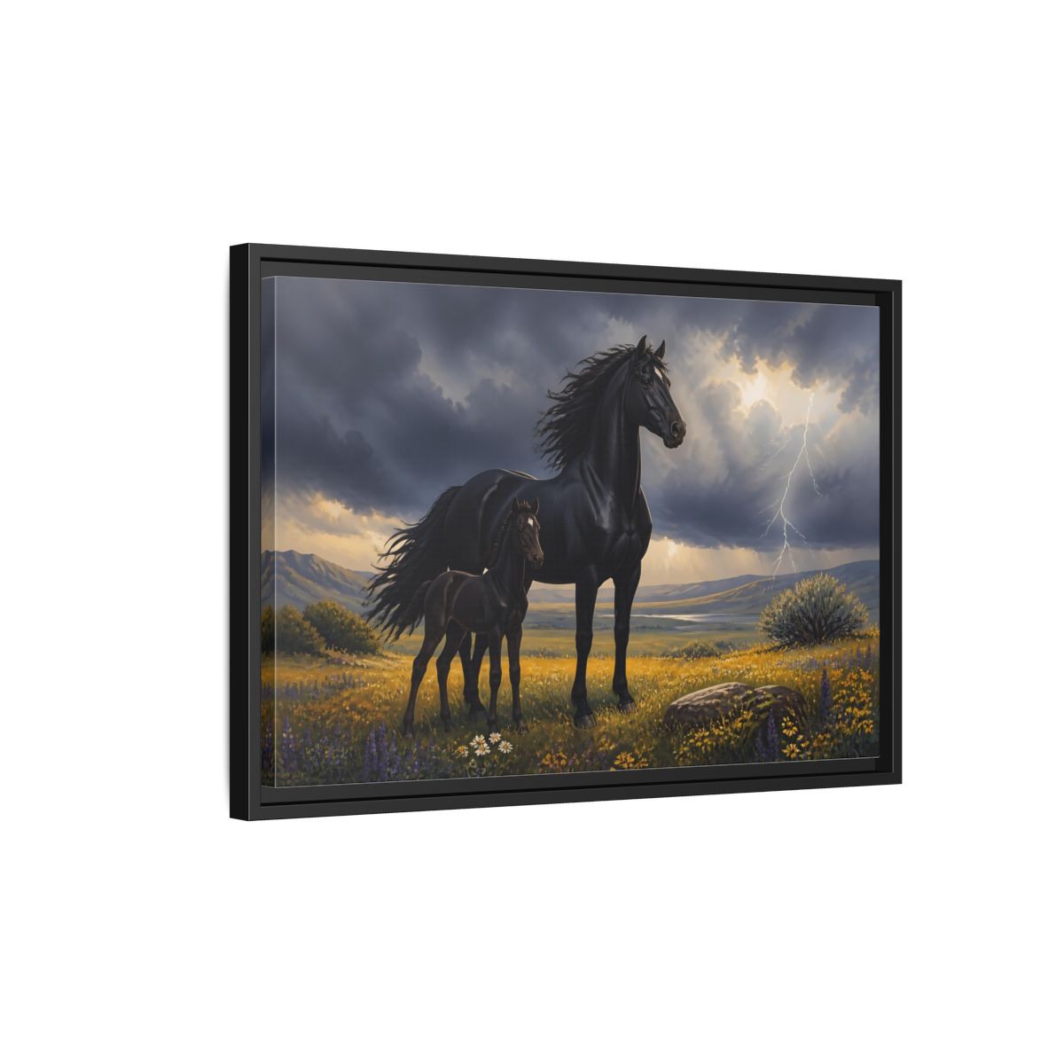Side Mockup 3. Animals Black Horses Black Horses Storm shown as stretched canvas wall art