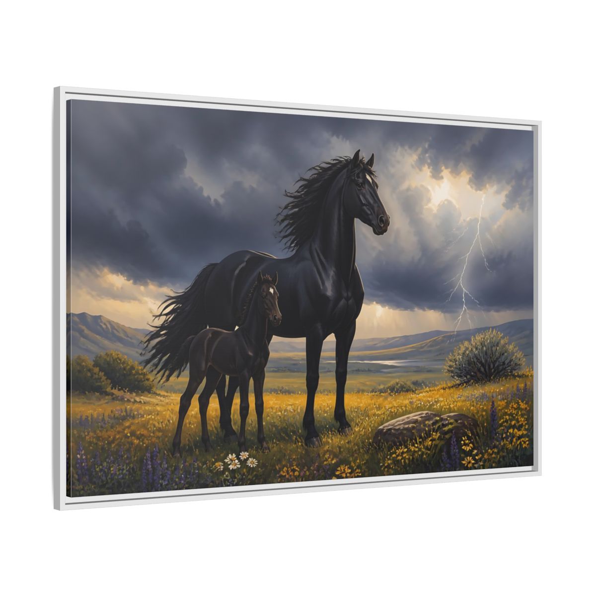 Side Mockup 7. Animals Black Horses Black Horses Storm shown as stretched canvas wall art