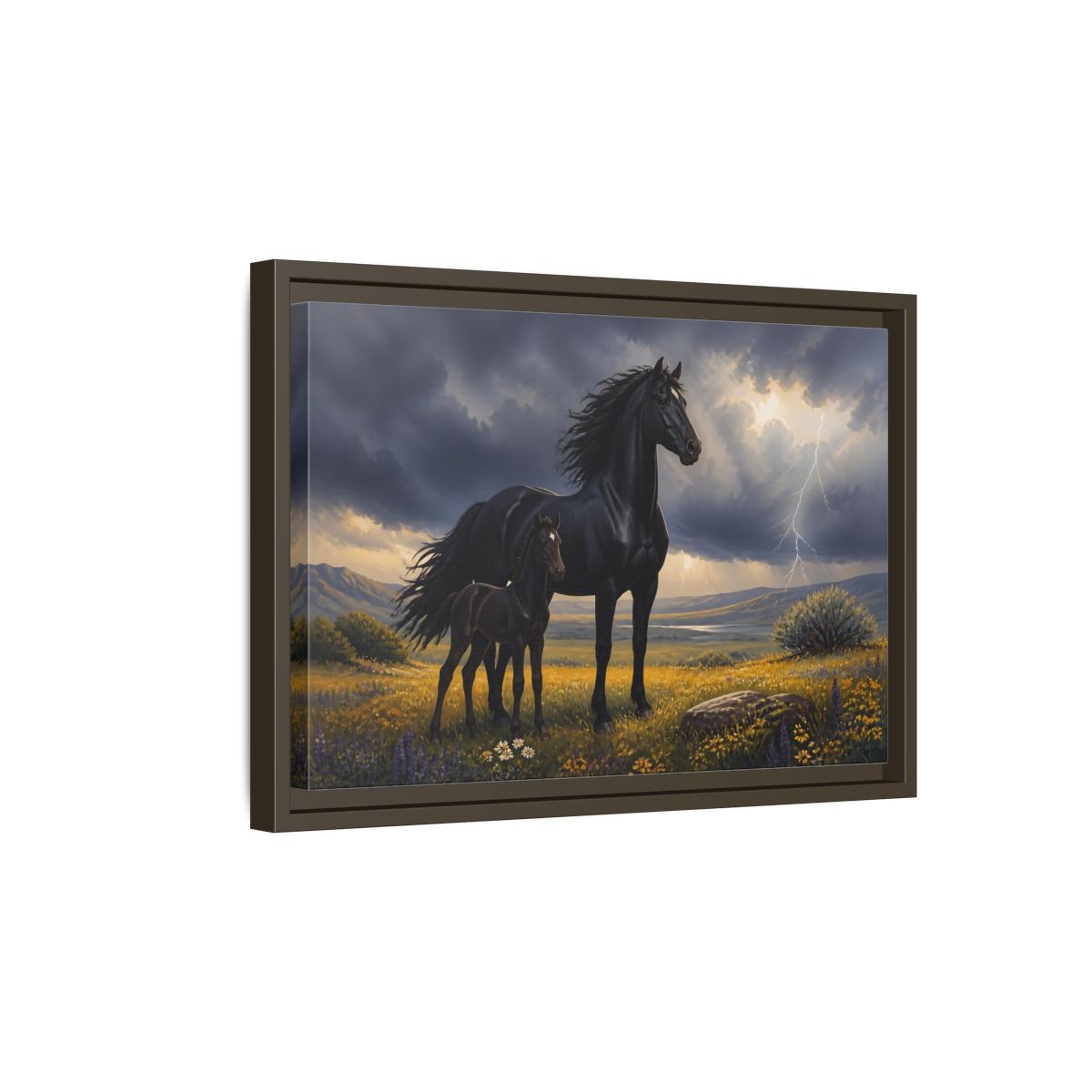 Side Mockup 5. Animals Black Horses Black Horses Storm shown as stretched canvas wall art