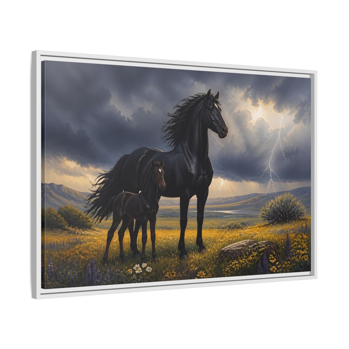 Side Mockup 9. Animals Black Horses Black Horses Storm shown as stretched canvas wall art