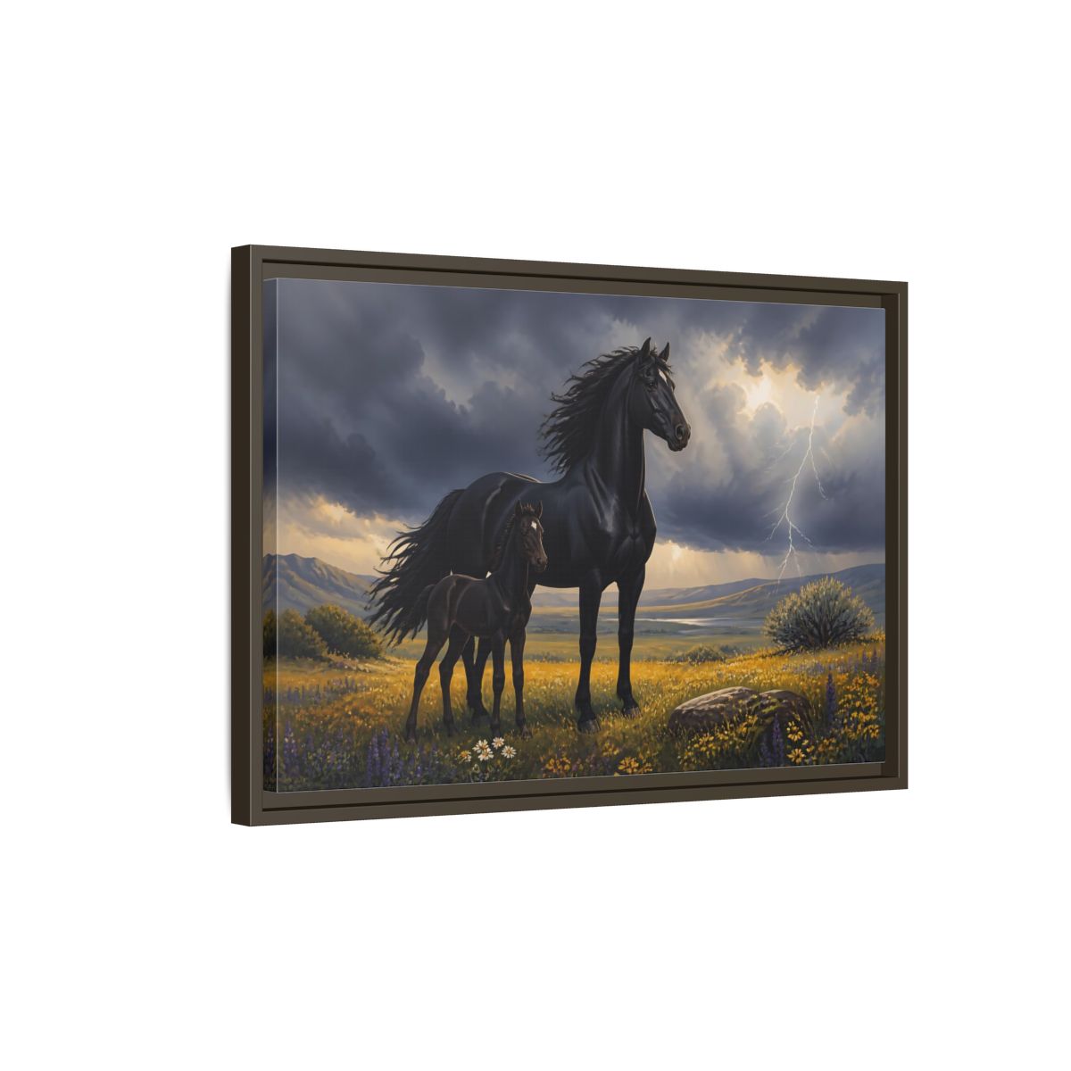 Side Mockup 2. Animals Black Horses Black Horses Storm shown as stretched canvas wall art