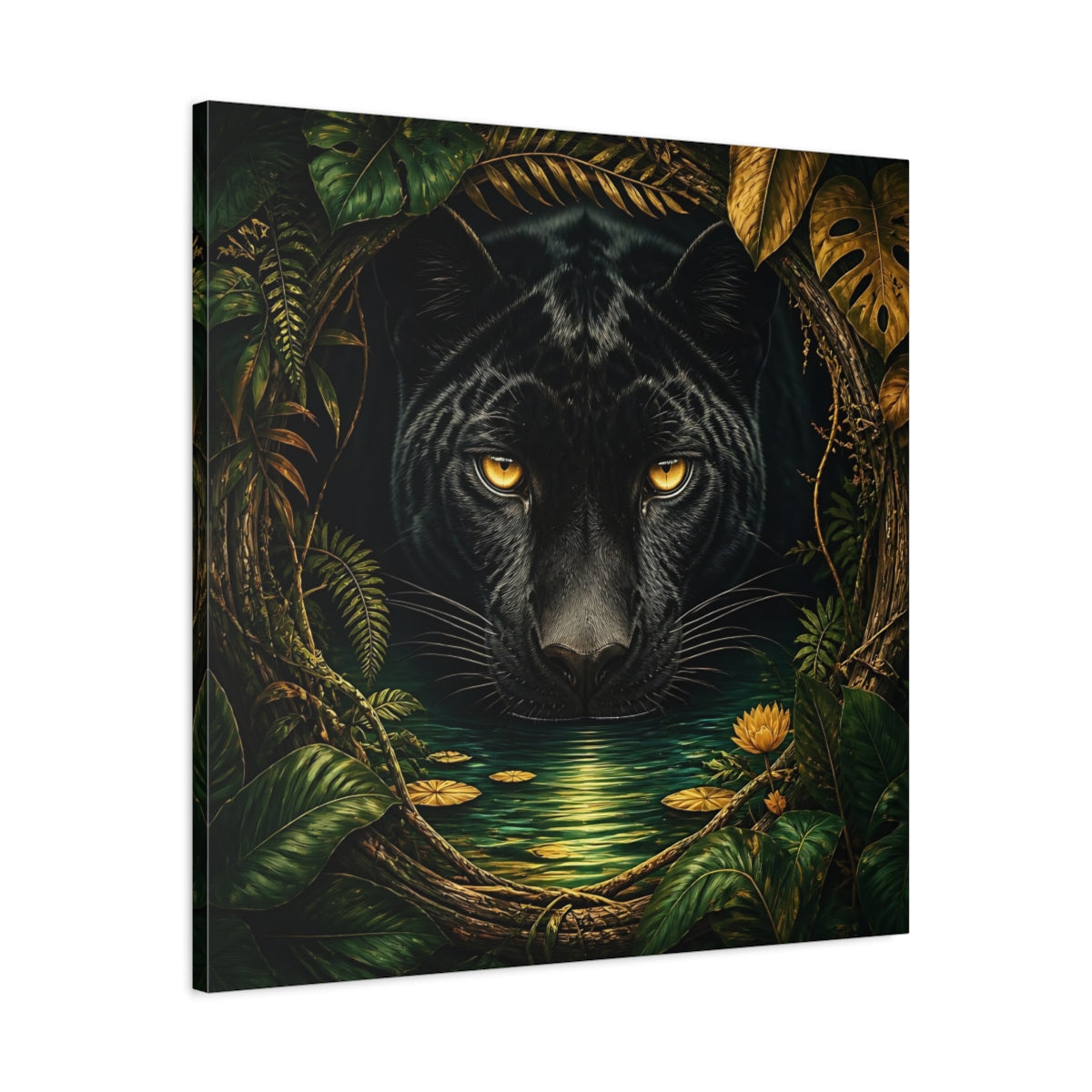 Side Mockup 3. Animals Black Panther Black And Green shown as stretched canvas wall art