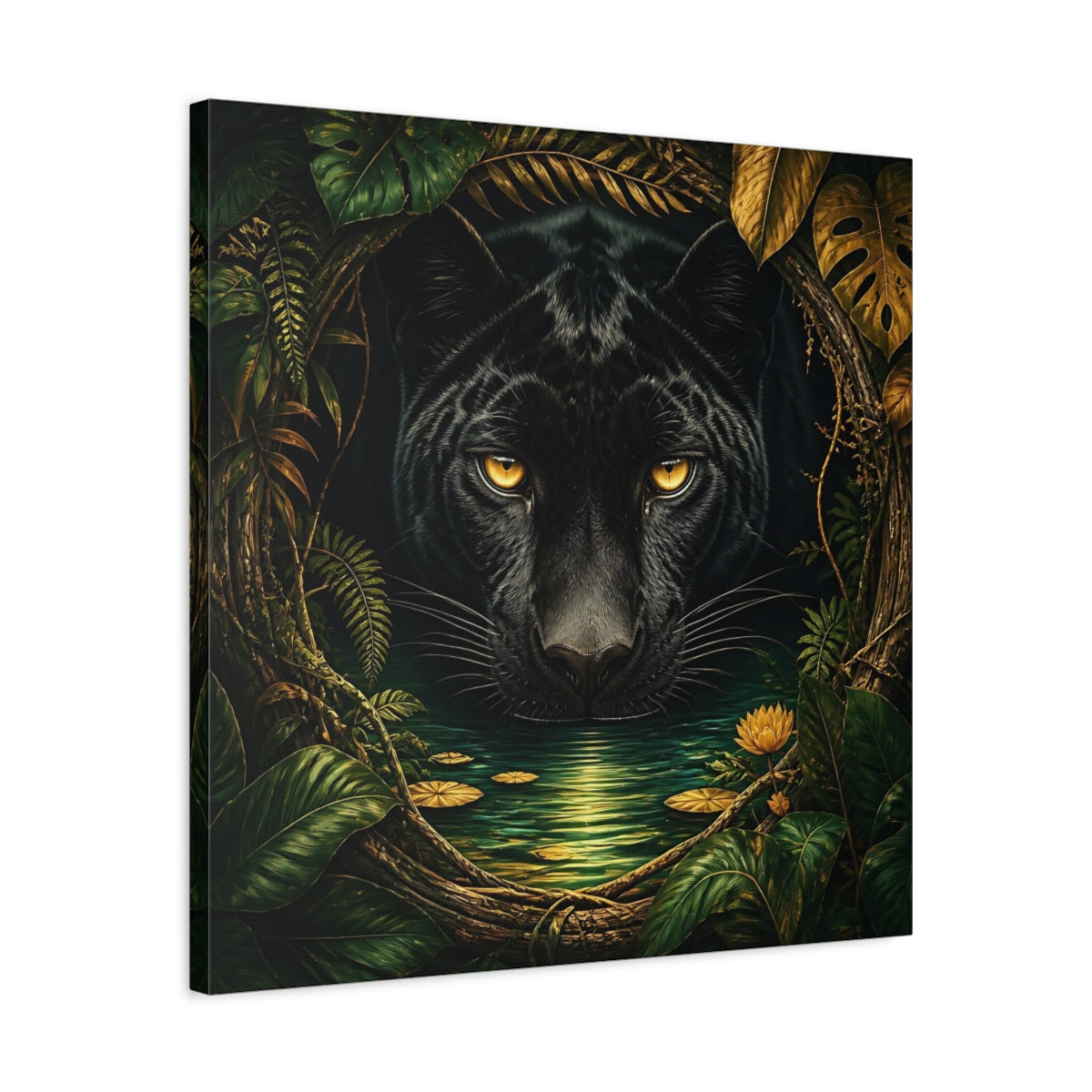 Side Mockup 4. Animals Black Panther Black And Green shown as stretched canvas wall art