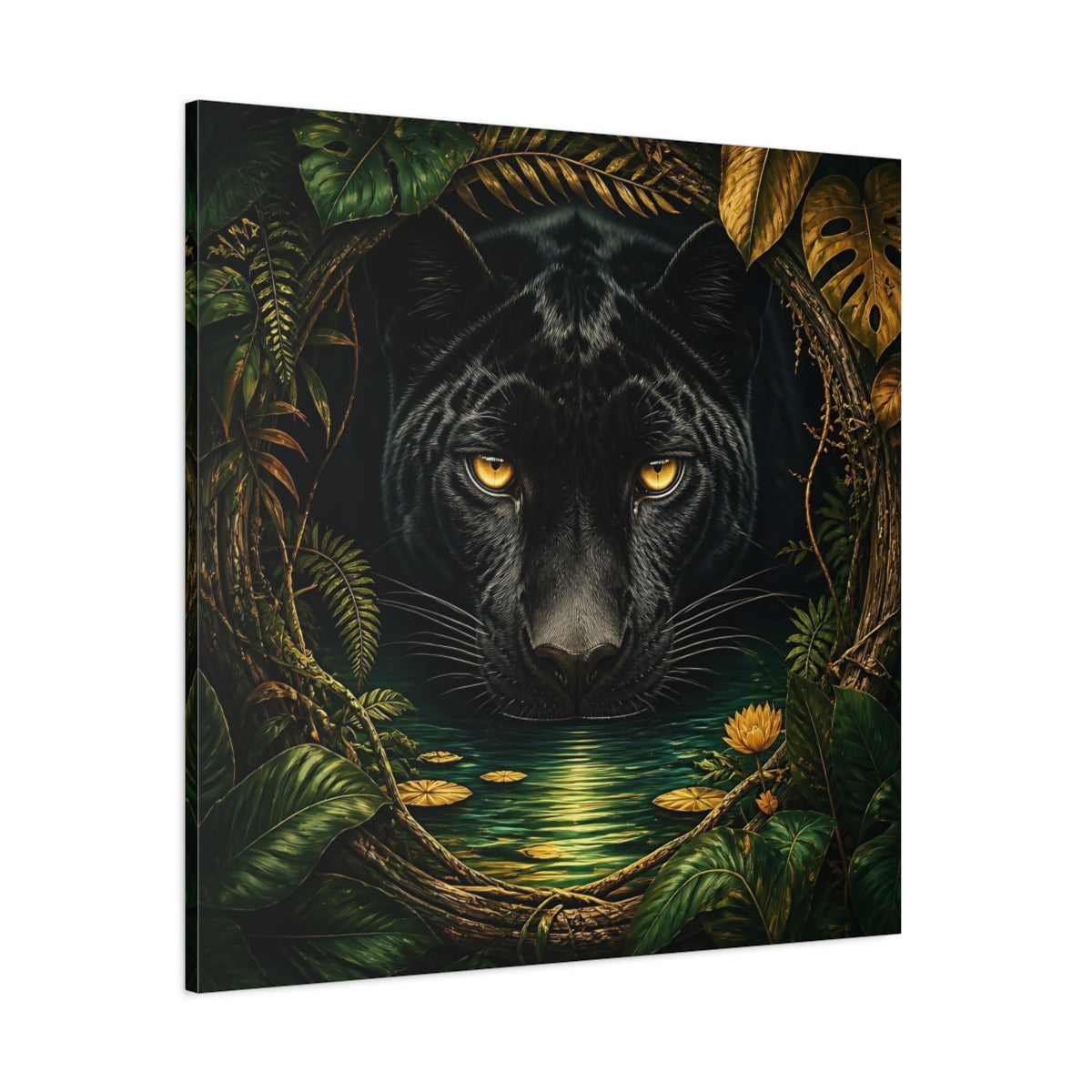 Side Mockup 1. Animals Black Panther Black And Green shown as stretched canvas wall art