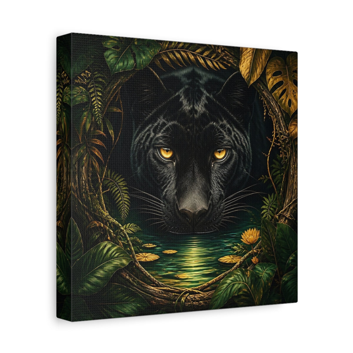 Side Mockup 9. Animals Black Panther Black And Green shown as stretched canvas wall art