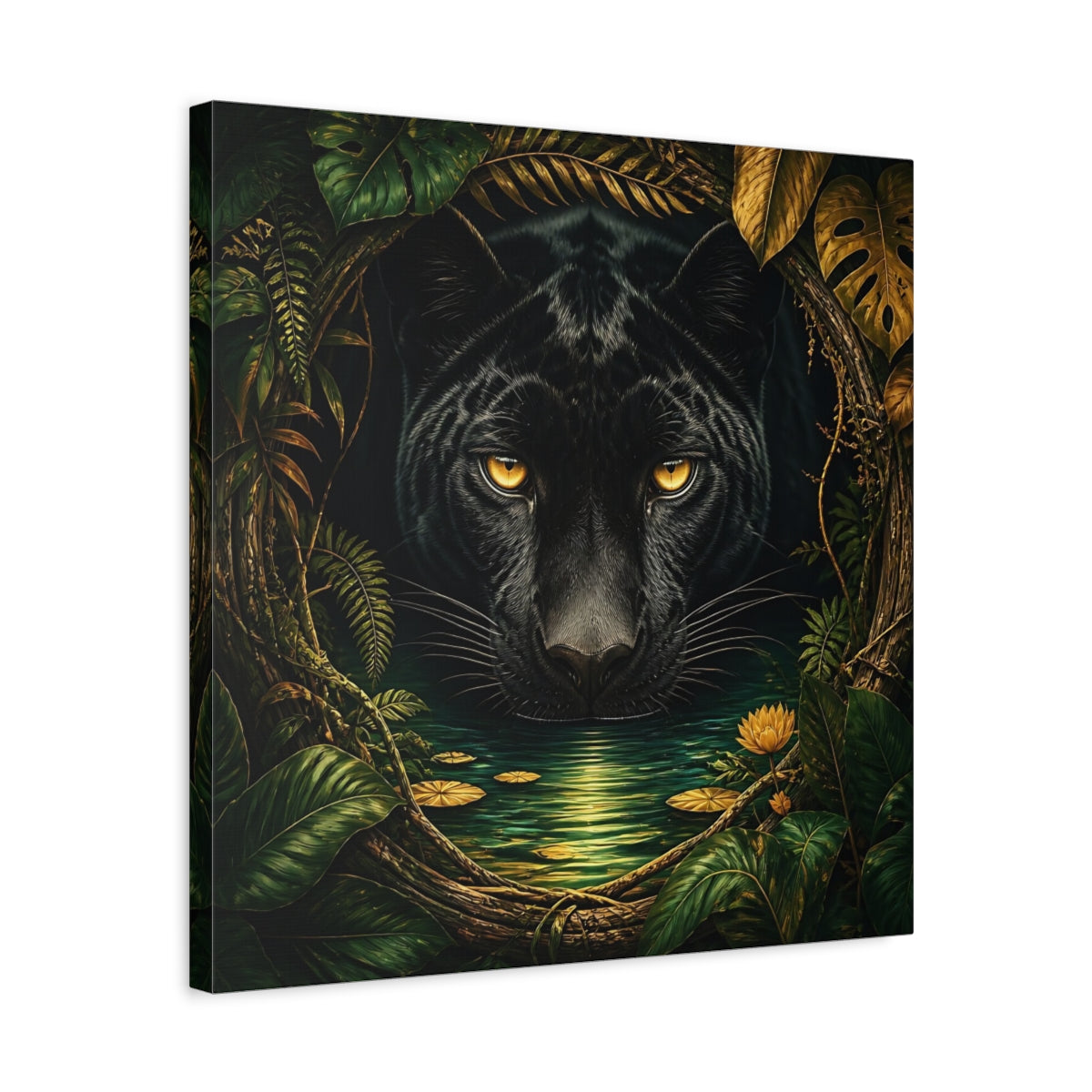 Side Mockup 5. Animals Black Panther Black And Green shown as stretched canvas wall art