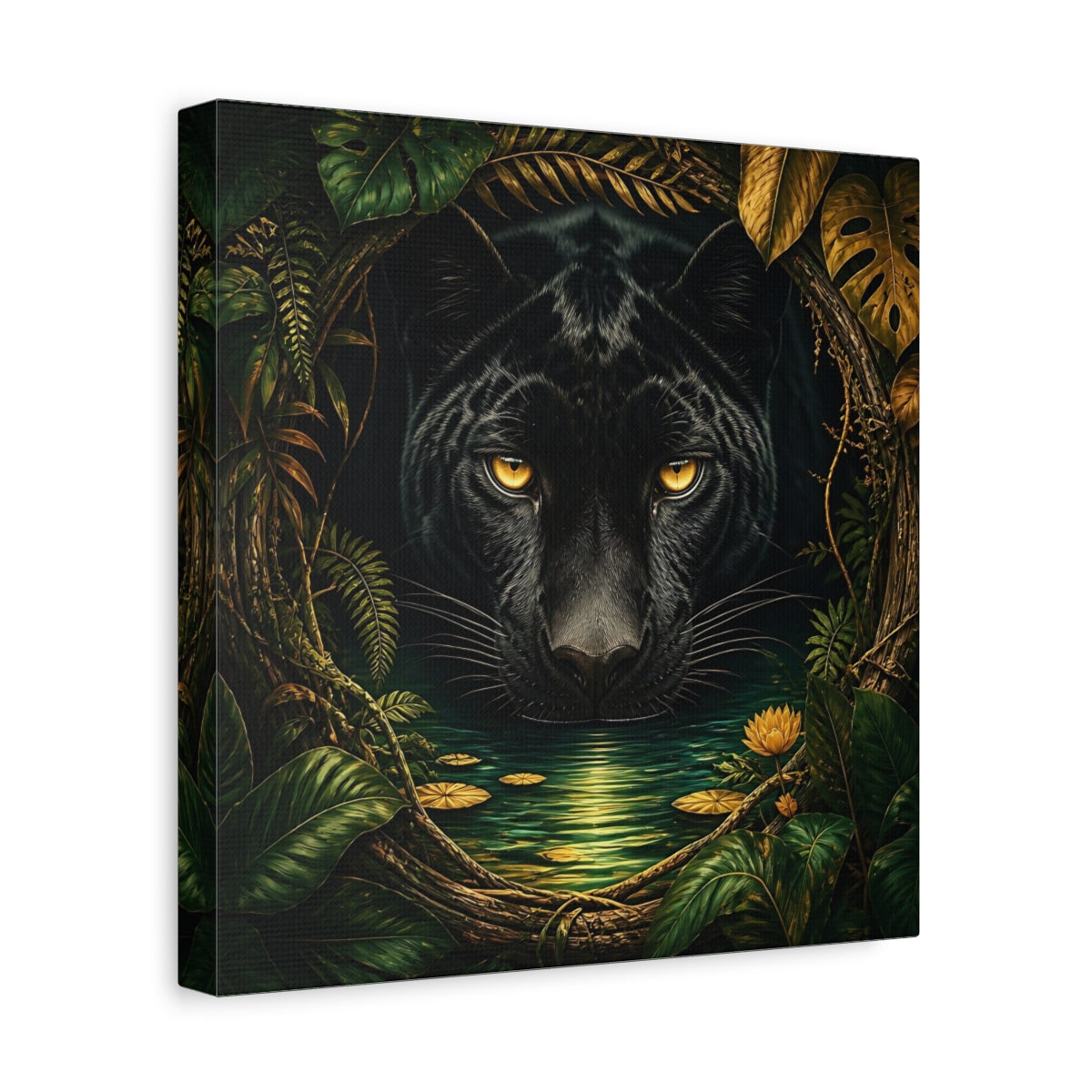 Side Mockup 8. Animals Black Panther Black And Green shown as stretched canvas wall art