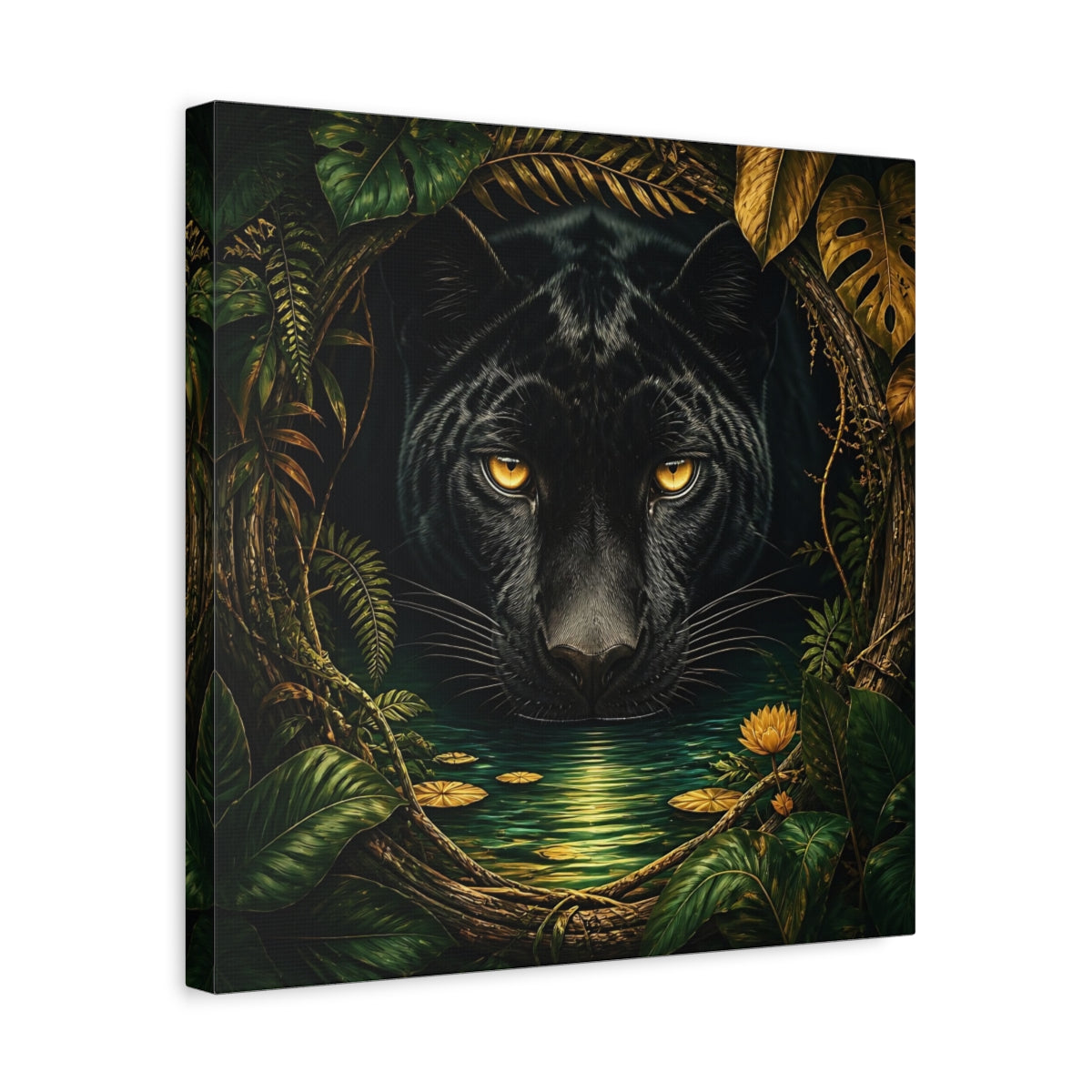 Side Mockup 6. Animals Black Panther Black And Green shown as stretched canvas wall art