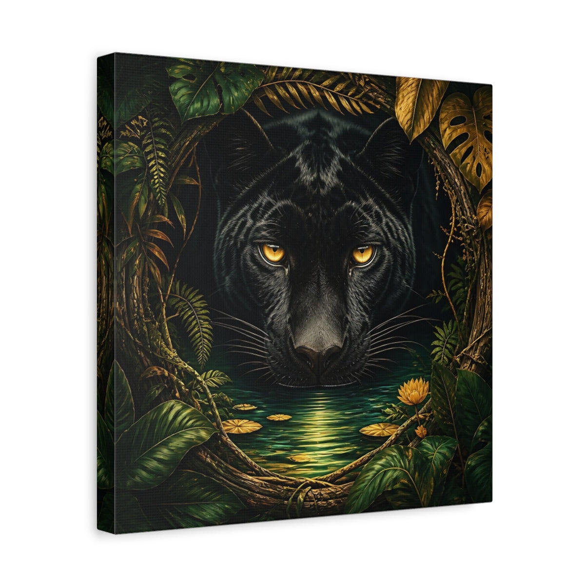 Side Mockup 7. Animals Black Panther Black And Green shown as stretched canvas wall art